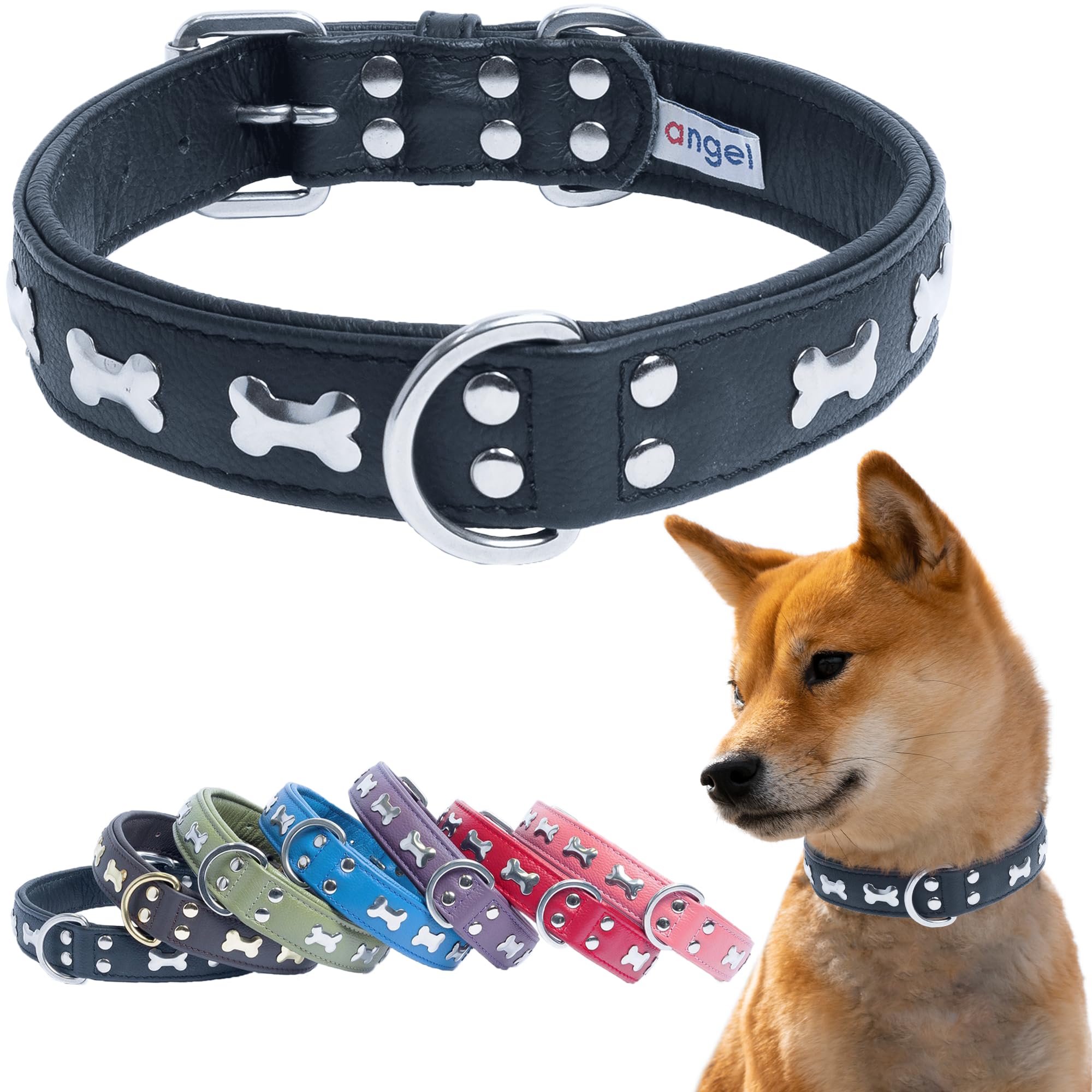 Angel Pet Supplies Leather"Bones" Dog Collar, 20" x 1", Midnight Black