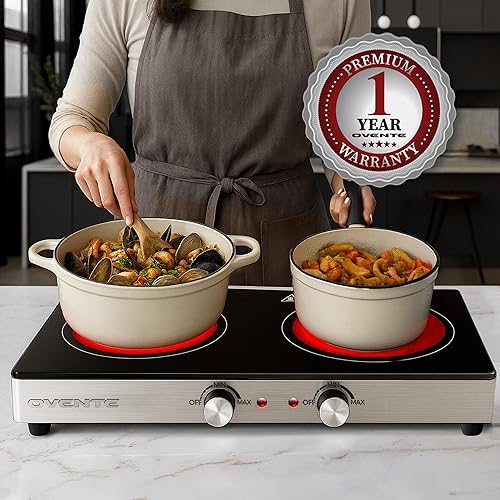 Vista 16 de Ovente - Quemador eléctrico doble infrarrojo de 7.5 pulgadas de cerámica con 6 niveles de control de temperatura y base de acero inoxidable fácil