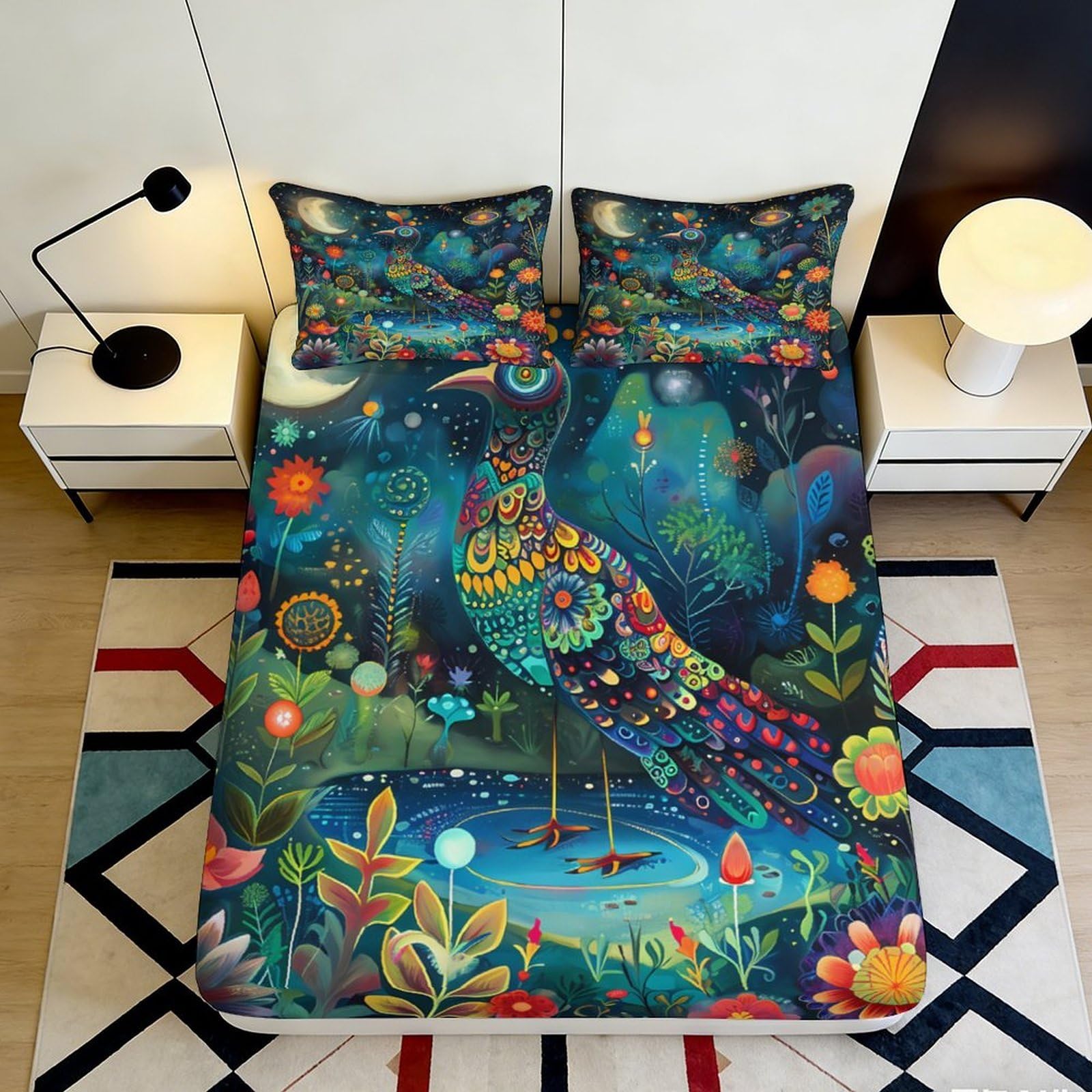 3D Printed Fantasy Peacock Fitted Sheet Microfiber Vibrant Floral Mattress Cover for Bedroom Dorm Decor Protection 200x200x25cm