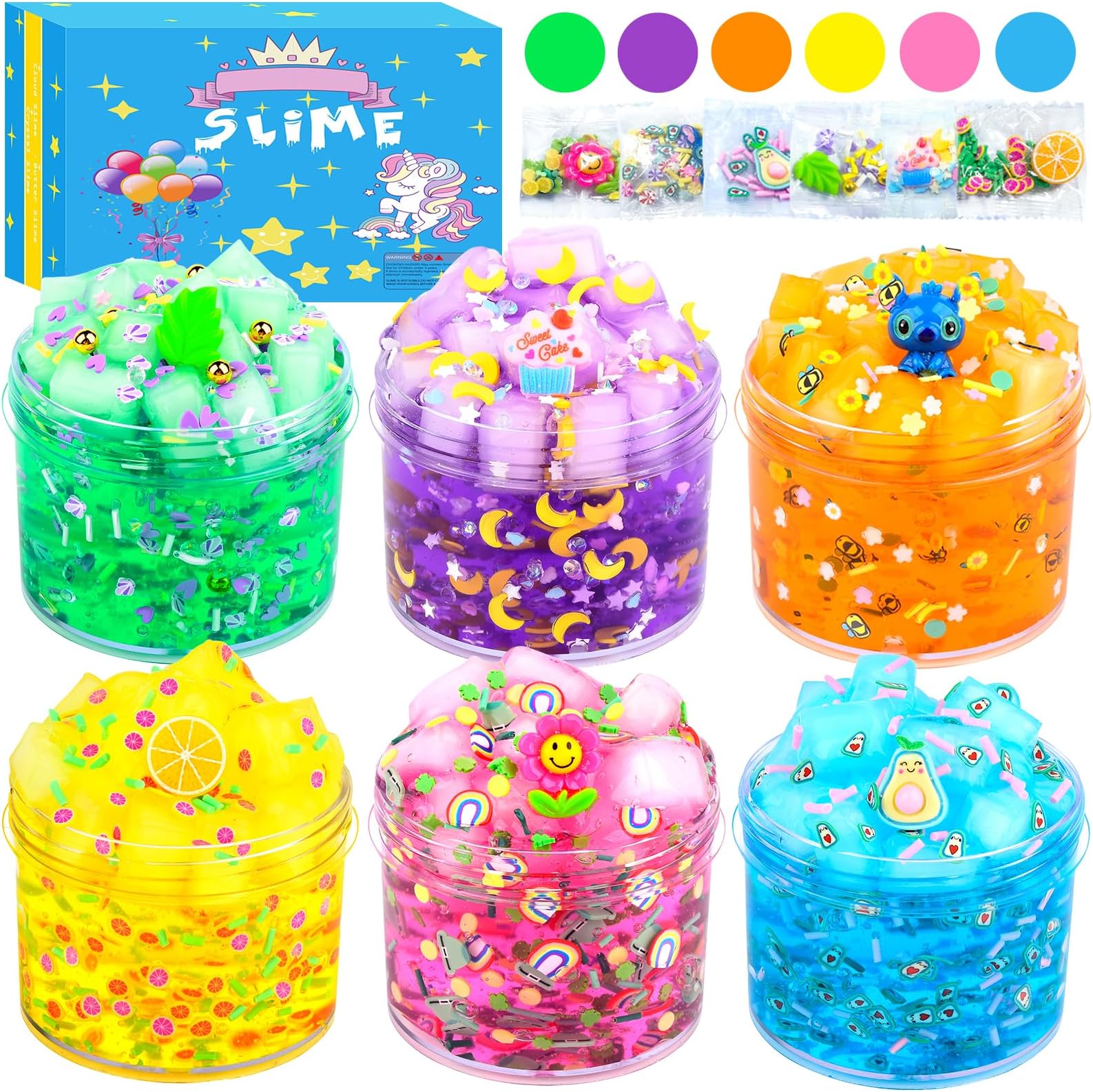 6 Pack Jelly Cube Crunchy Slime Kit, with Yellow, Pink, Purple, Green & Blue Clear Crunchy Slime, Super Soft Sludge Toy with Cute Charms, Girls Boys Classroom Reward, Valentine's Day Party SuppliesCarbonfree Certified