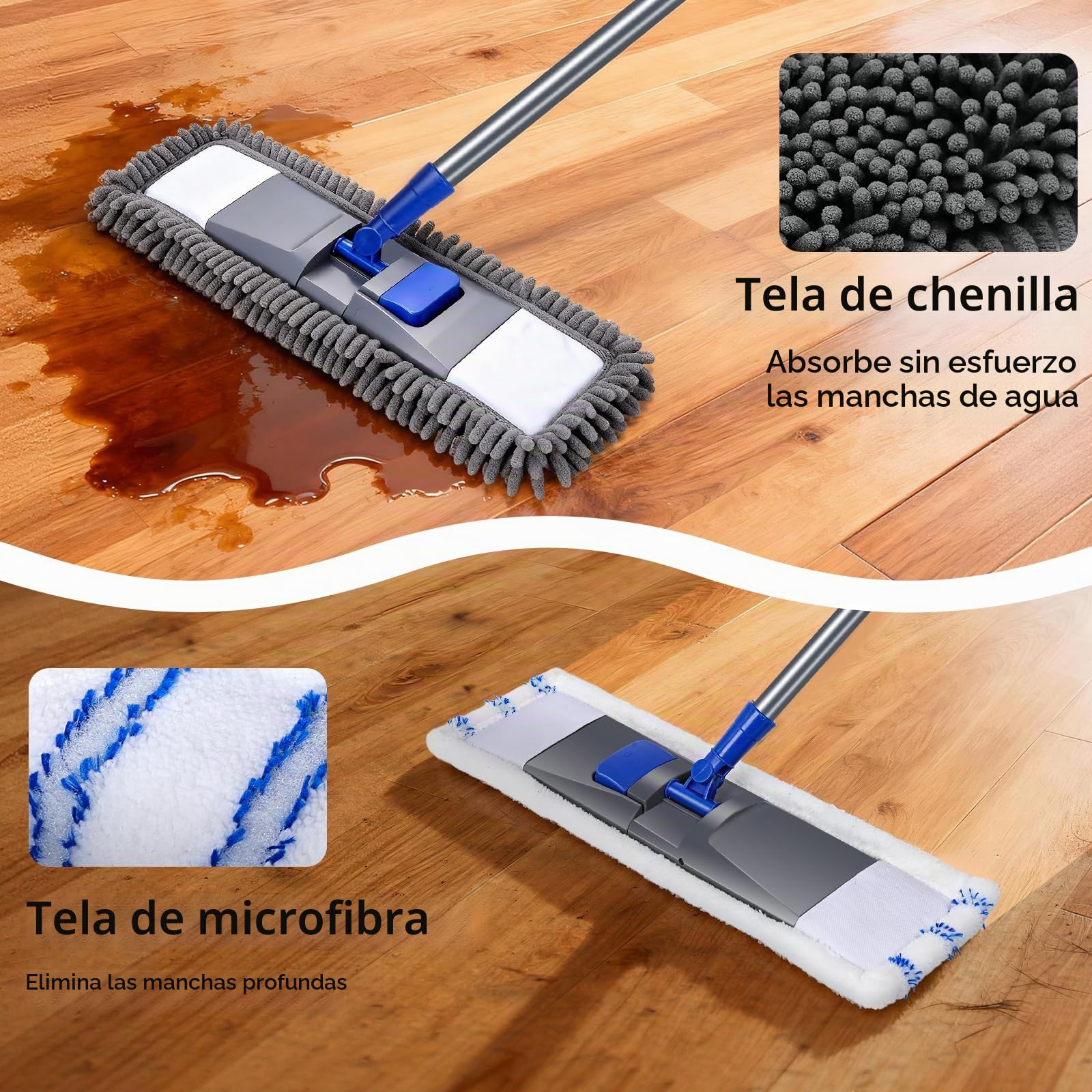 MASTERTOP Trapeador Profesional de Microfibra para Limpieza de Suelos, mopa húmeda y Seca con 4 Almohadillas Lavables reemplazables, Mango Extensible, mopa mágica para Madera Dura, Azulejos, Laminado | Mango ajustable de acero inoxidable con 2 almohadilla