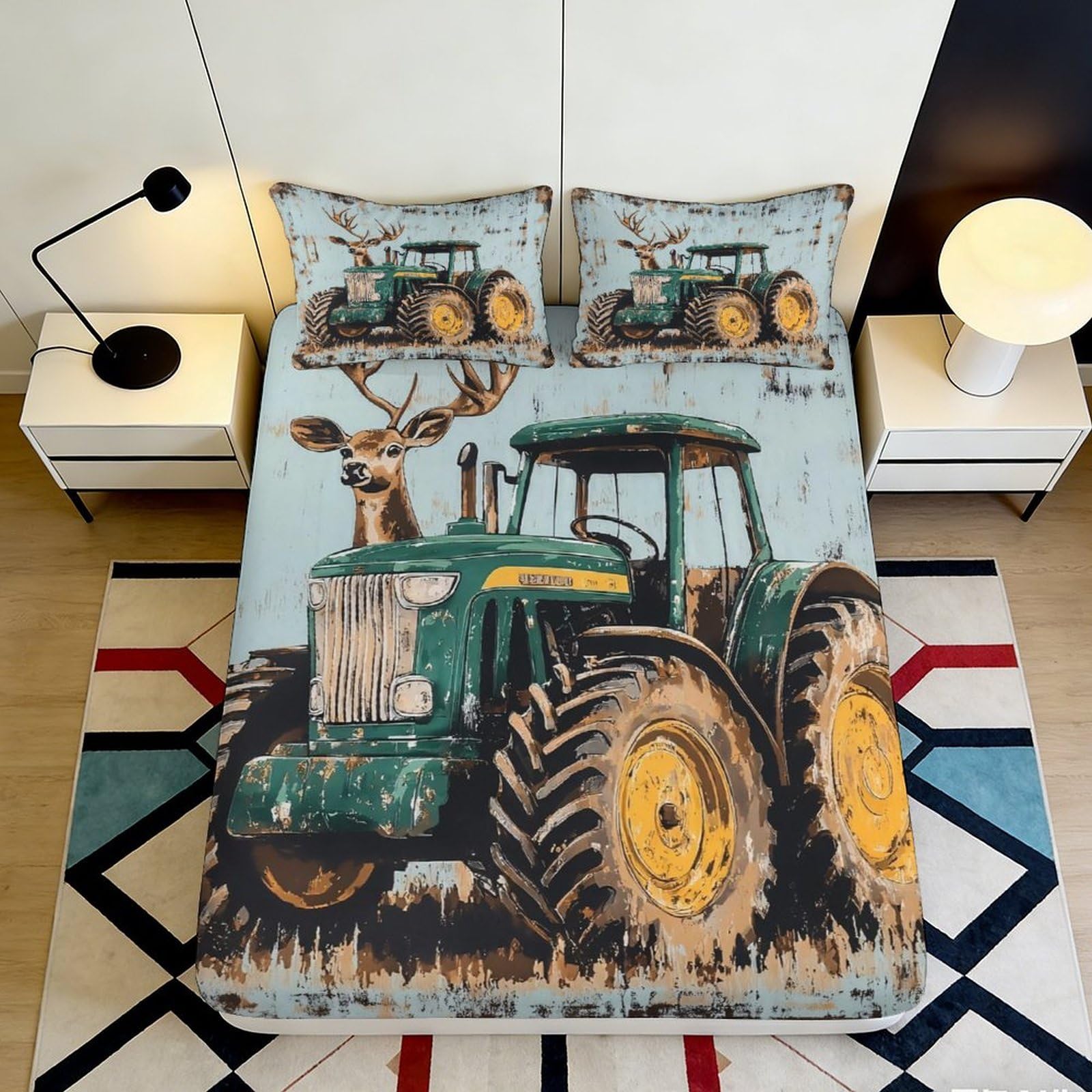 3D Printed Tractor Deer Fitted Sheet Microfiber Deep Pocket Non-Slip Bedding Full Wrap Mattress Fitted Cover for Adults 200x200x25cm
