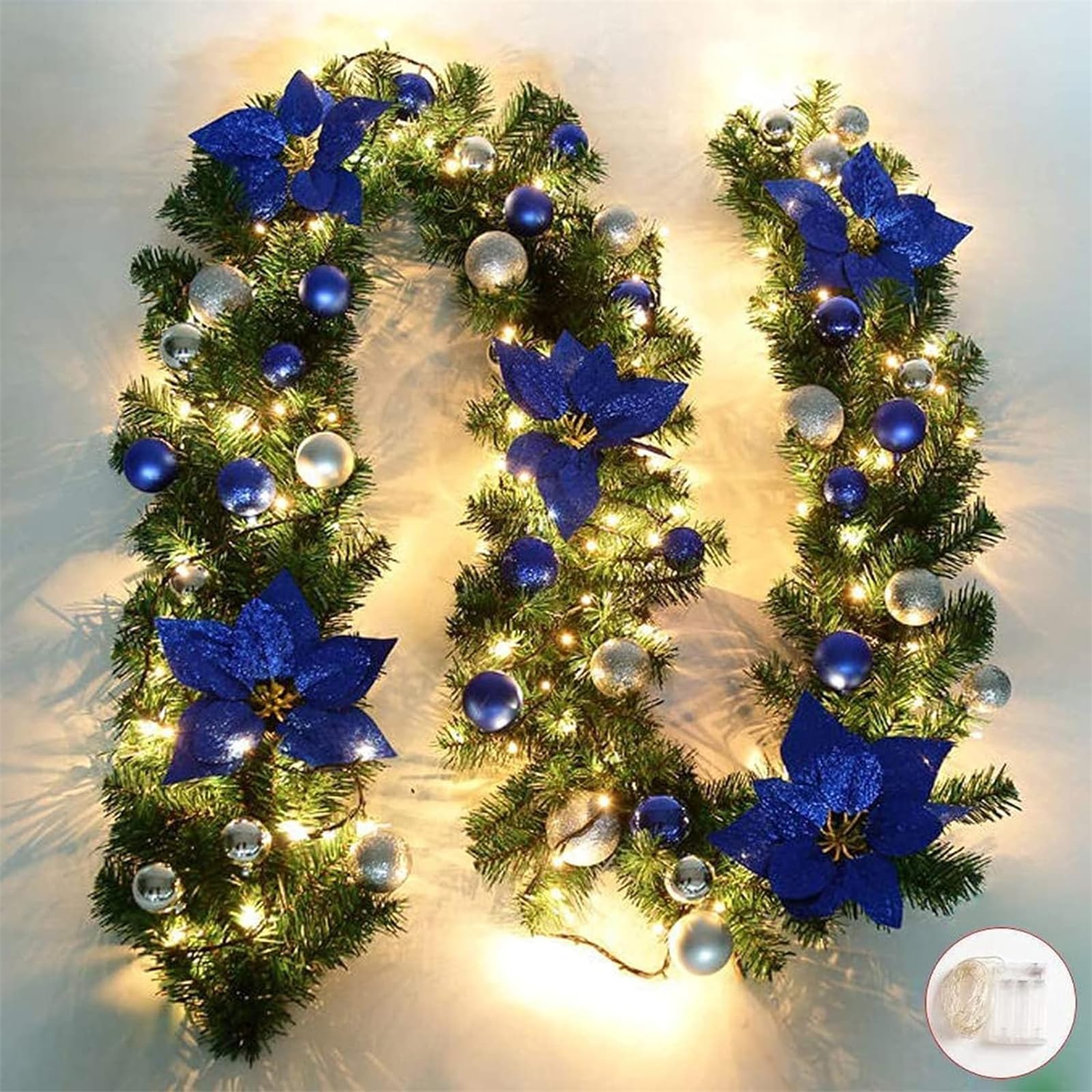Guirnalda de luces de Navidad, guirnalda de flores artificiales de Navidad de 9 pies, ratán de Navidad para decoración de vacaciones al aire libre, interior, hogar, guirnalda de Navidad con bolas,