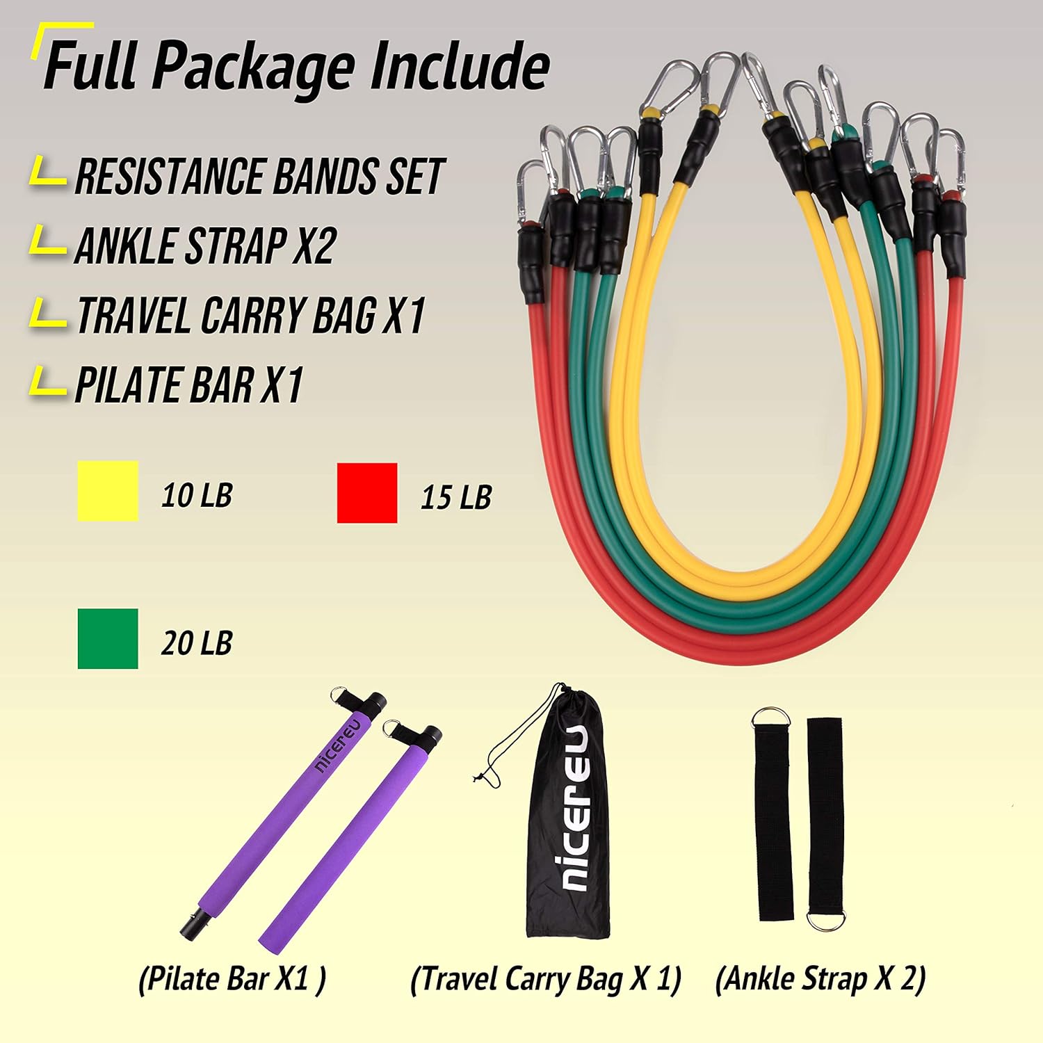 Nicereu Portable Gym Pilates Bar Kit with Resistance Bands 10, 15, 20lbs Stackable - Home Gym Equipment for Women and Men - Supports Ab Workout, Fitness and Balance for Yoga, Pilates and Barre, Squat : Sports & Outdoors