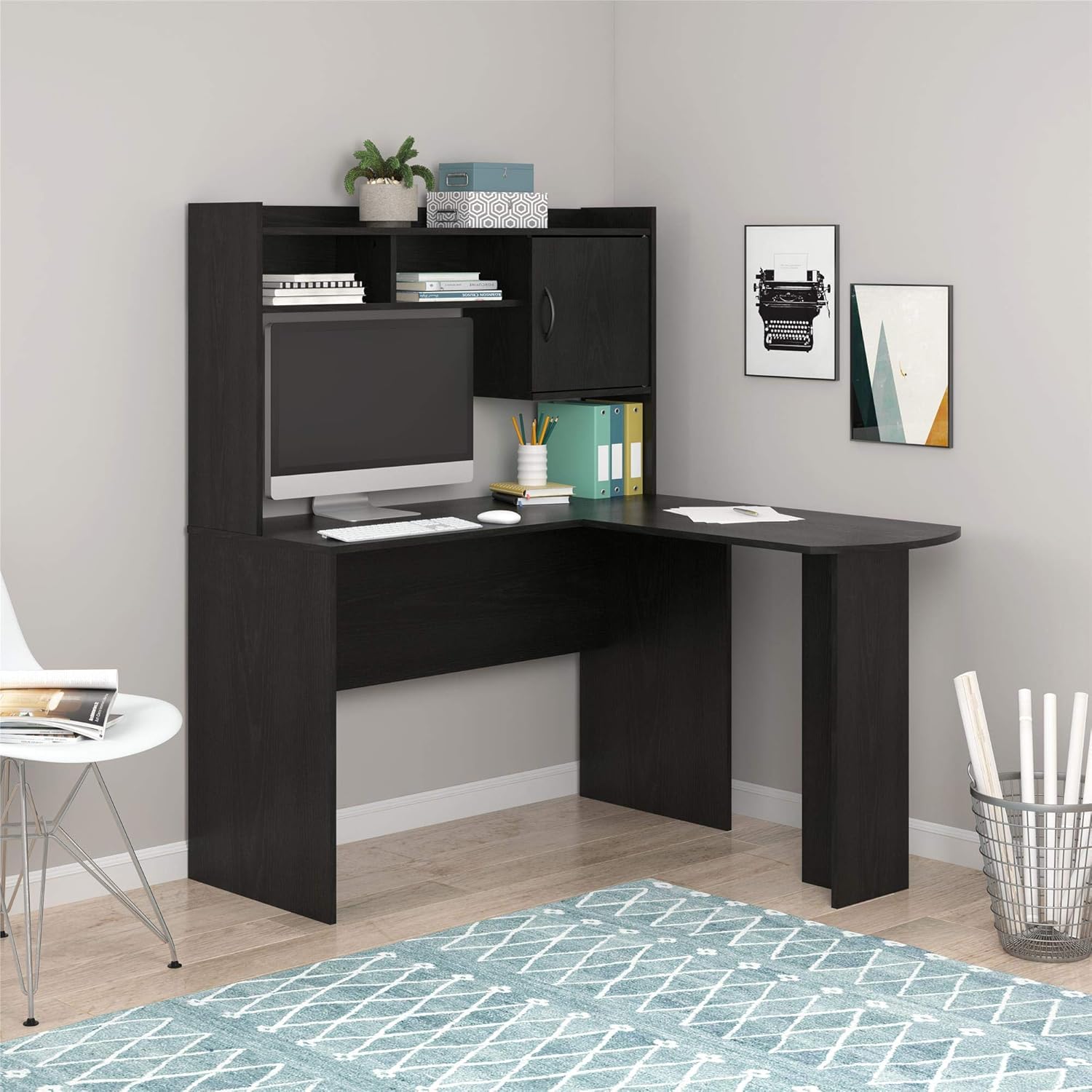 Mainstays L-Shaped Desk with Hutch, Multiple Colors (L-Shaped Desk with Hutch, Black Oak)