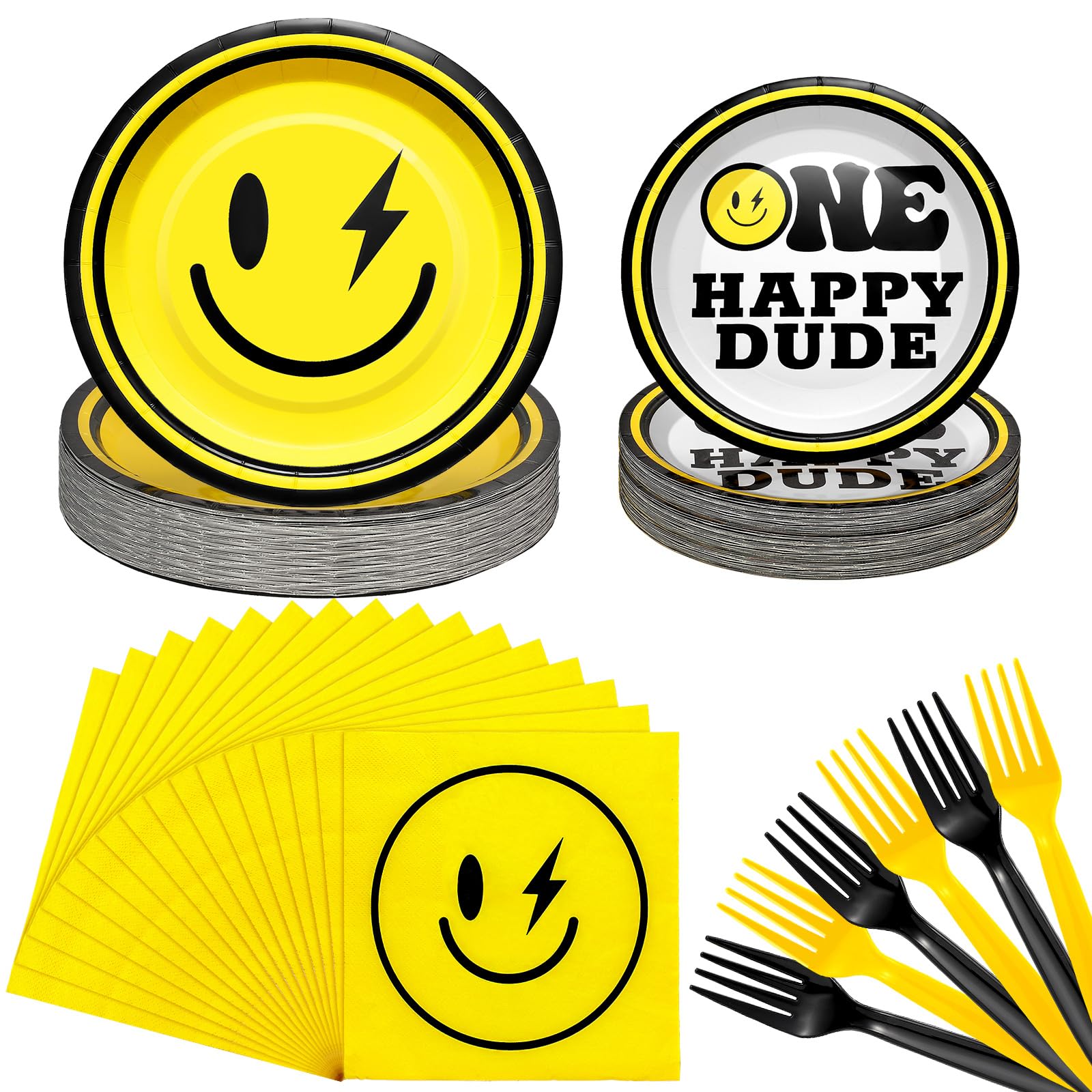 Norme 172 Pcs One Happy Dude Plates and Napkins Birthday Decorations Smile Face Party Tableware Supplies Disposable Paper Plates Napkin Forks for 1st Birthday Party Baby Shower, Serve 24 Guests