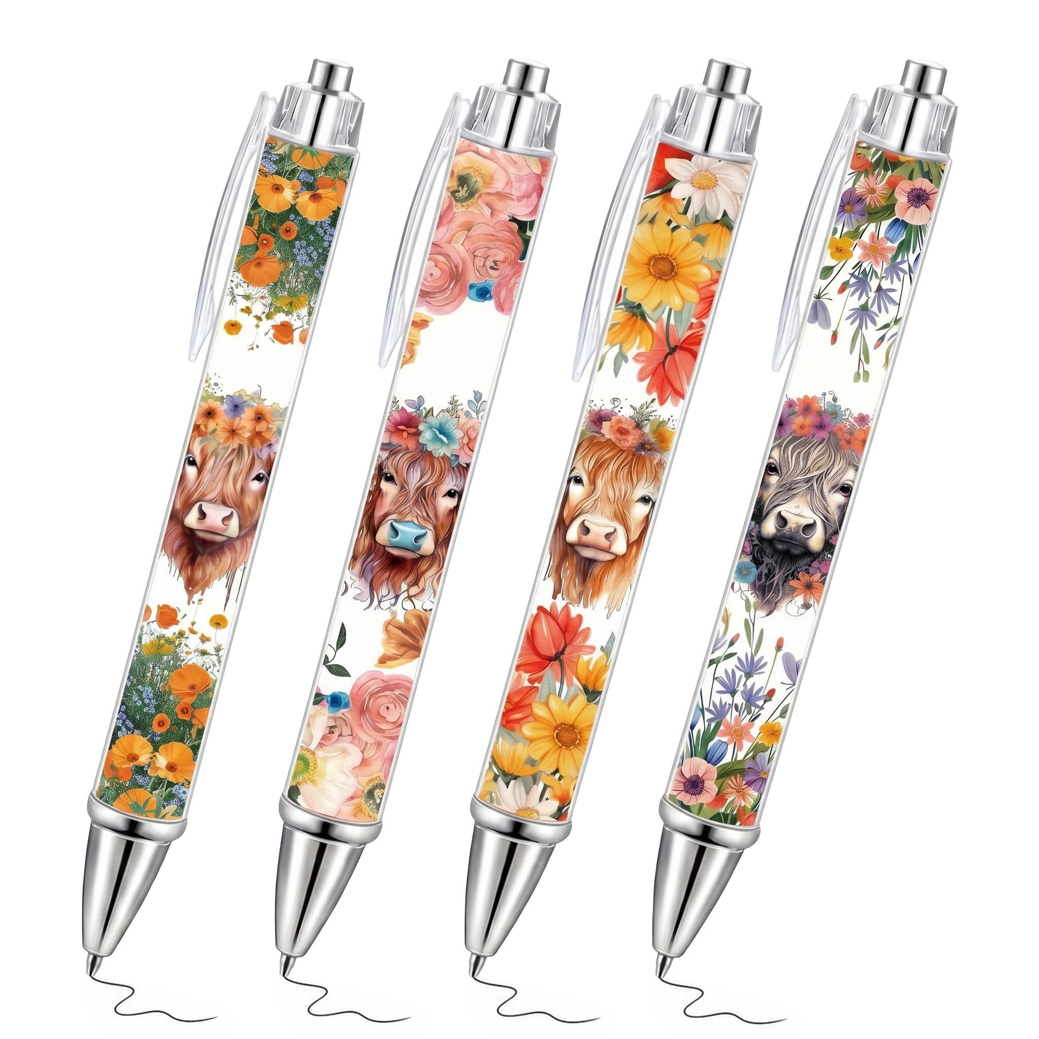 Highland Cow Pens Gifts Set for Women Men 4PCS Cute Black Ballpoint Pens