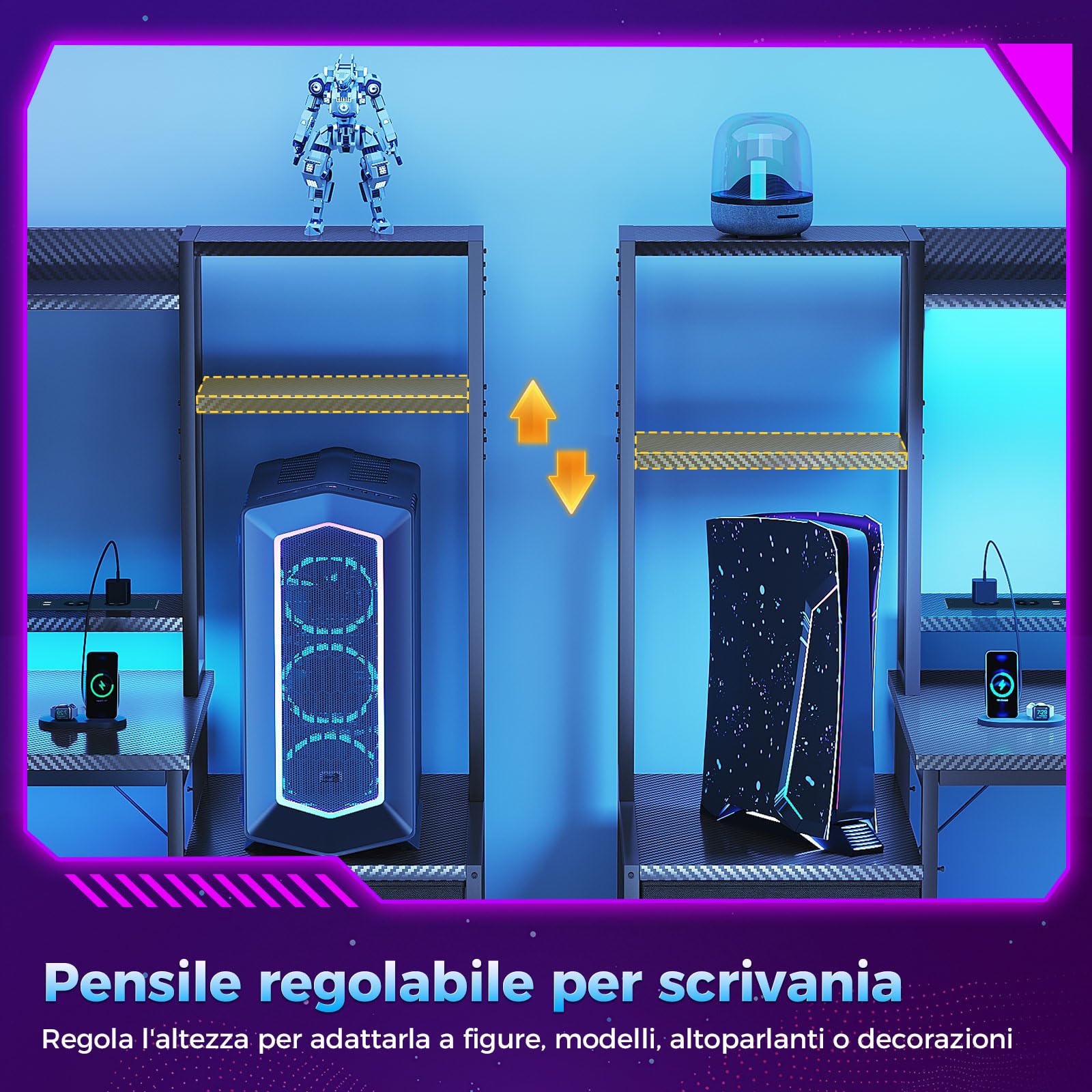 Coleshome Scrivania Gaming con Libreria e Cassetti, Tavolo Gaming con Illuminazione LED & Presa di Corrente, Scrivania Computer con Ripiani di Archiviazione (Nero Fibra di Carbonio, 161×48 cm)