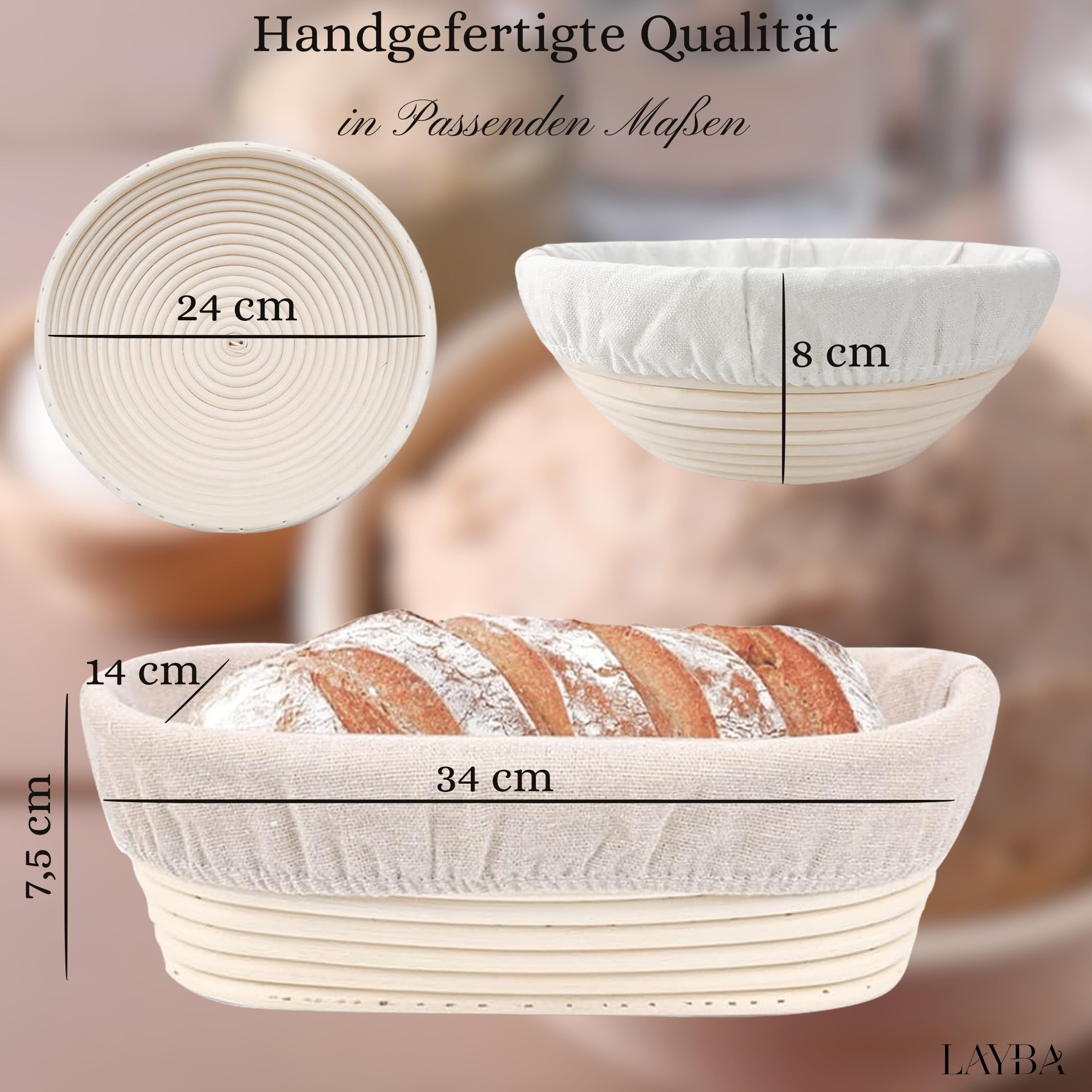 2-częściowy zestaw koszy do garowania chleba z naturalnego rattanu (okrągły Ø 24 cm i owalny 34 x 14 cm) – ręcznie wykonane koszyki do pieczenia chleba na zakwas i ciasto drożdżowe, w zestawie z