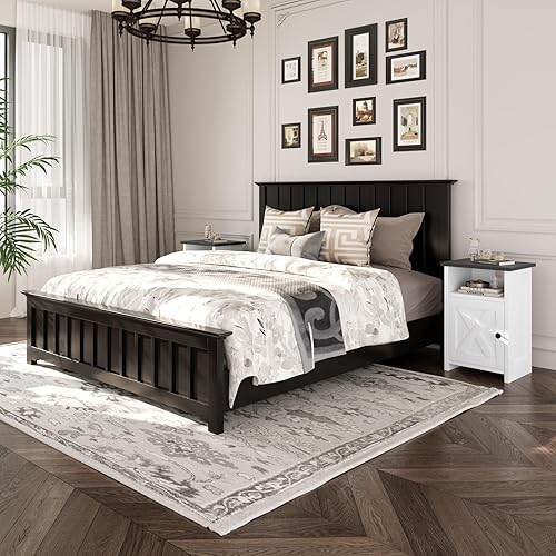 Miniatura 5 de Juego de 2 mesas auxiliares de granja, mesitas de noche con puerta de granero y estante de almacenamiento, mesa auxiliar de cama blanca rústica para