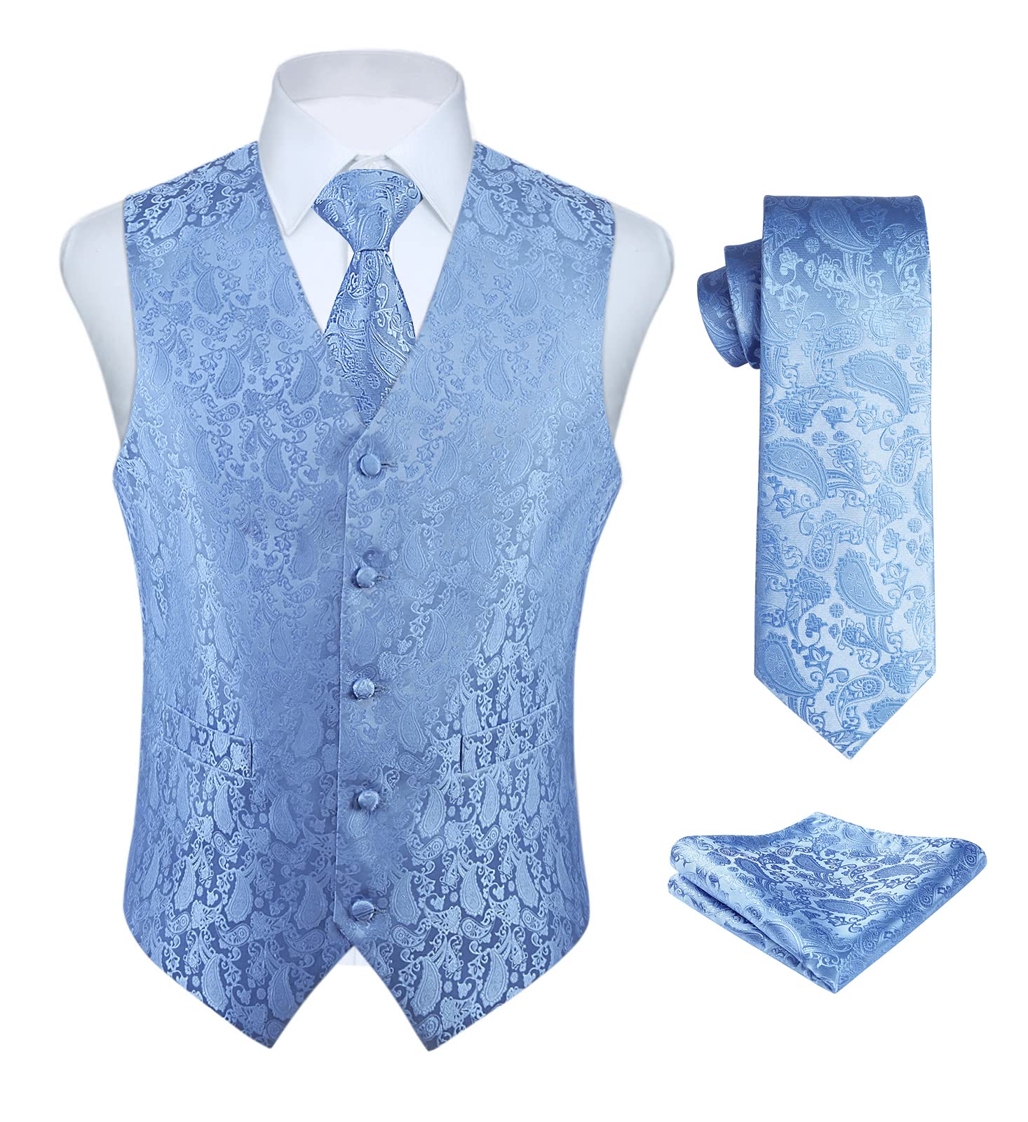 Enlision Men's Blue Waistcoats Light Paisley Waistcoat Tie Pocket Square Wedding Jacquard Suit Vest Set Xl