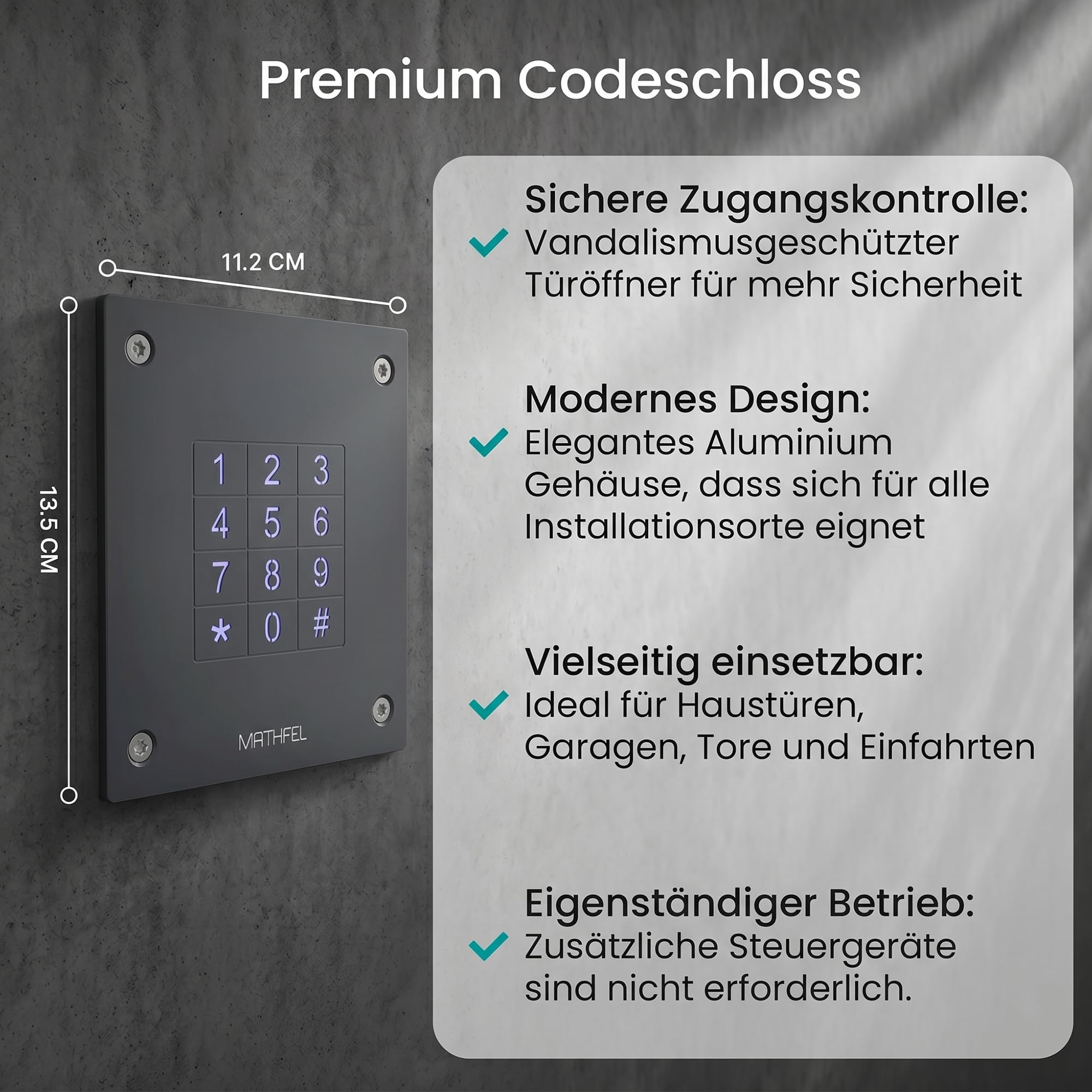 MATHFEL Elektronisches Türschloss mit Code aus Stahl, Unterputz - Ideal für Haustür, Garagentor & Nebeneingänge - Wetterfestes Codeschloss IP66, Normstahl Codetaster - Flexibel und Robust