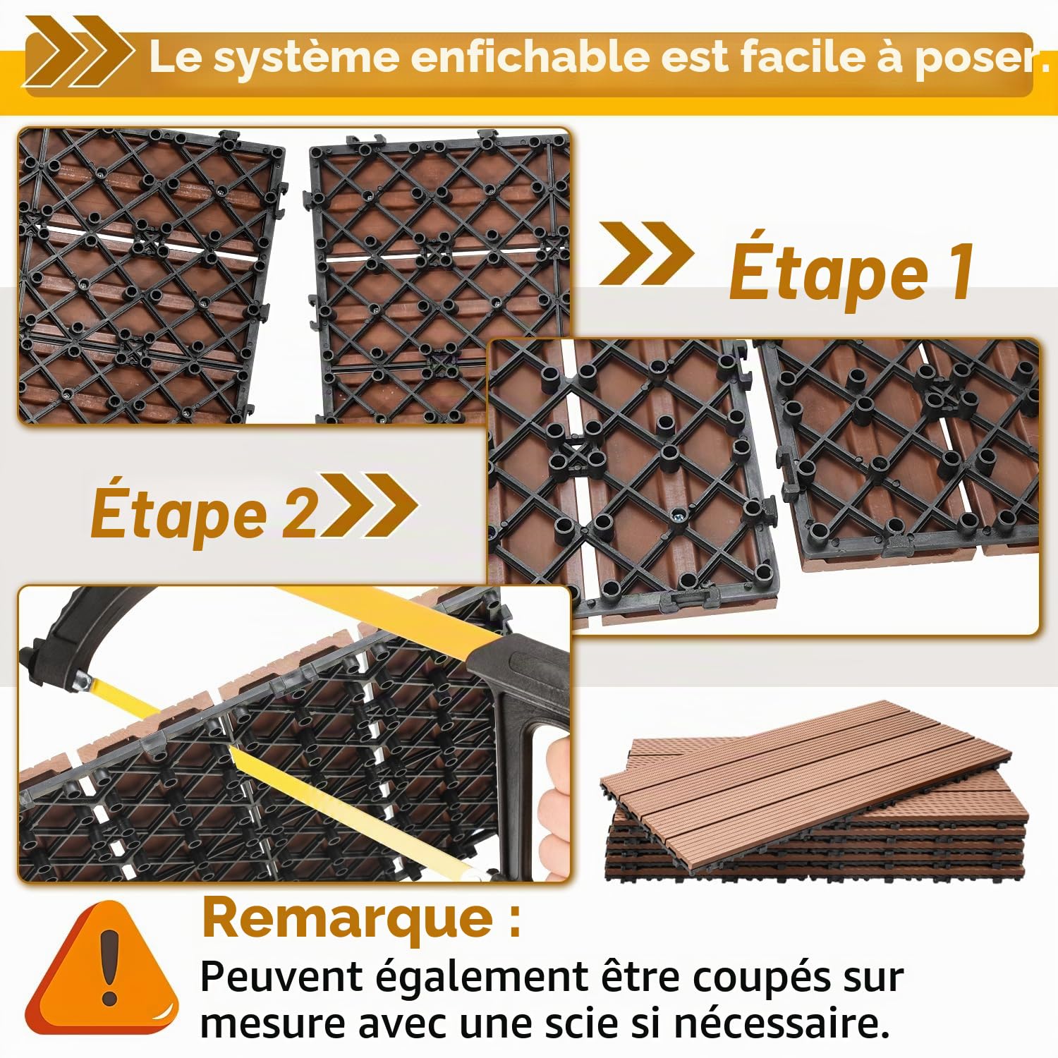 Lospitch Dalles de terrasse WPC 30 x 60 cm - Lot de 6 dalles en bois pour 1 m² - Aspect bois - Pour jardin, balcon, terrasse - Avec système de drainage et de clic