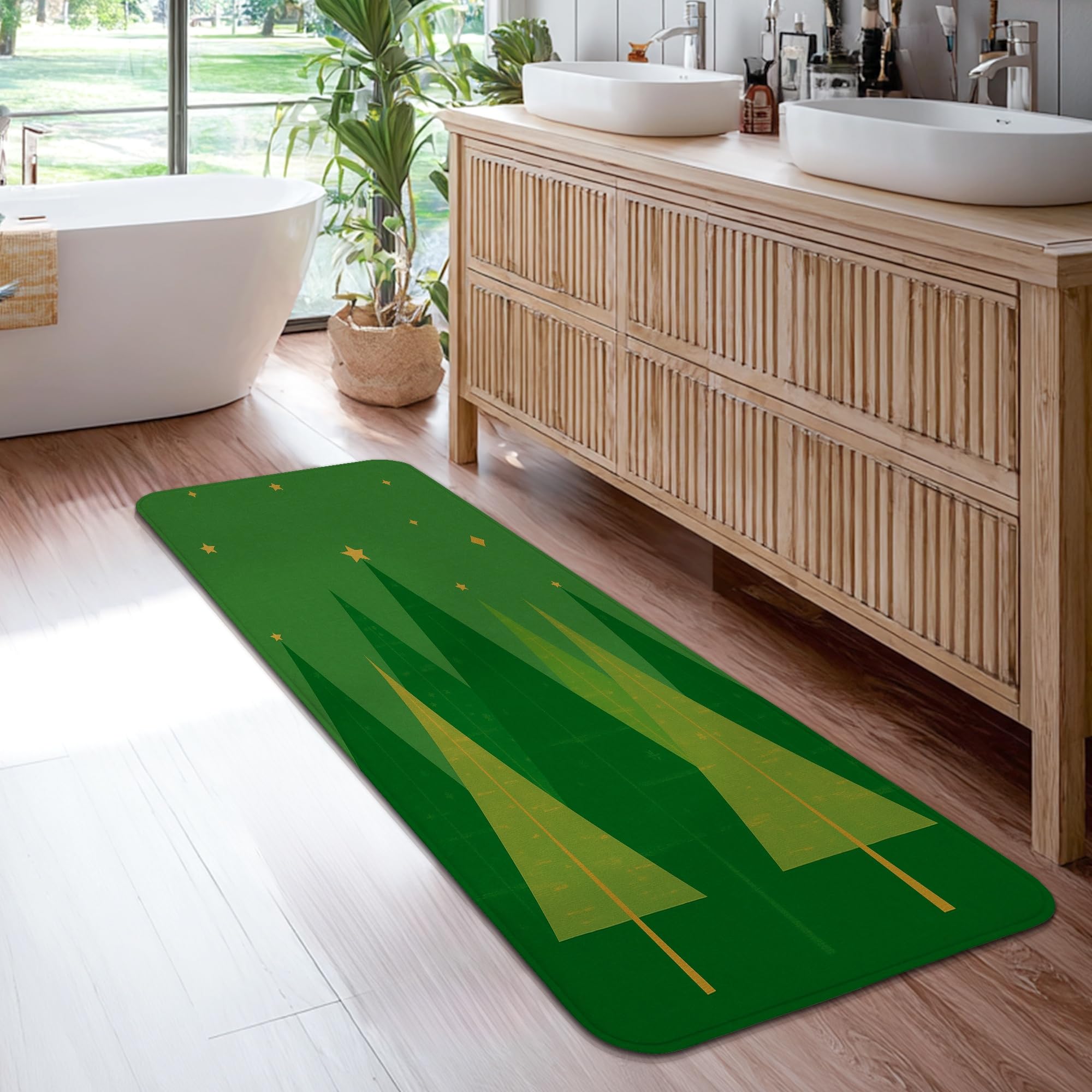 Tapis de sol rectangulaire pour cuisine et porte motif arbres de Noël vert éponge