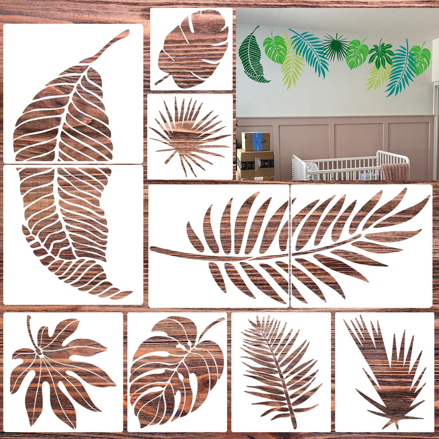 Plantilla de hojas tropicales CH para estarcido decorativo en pared