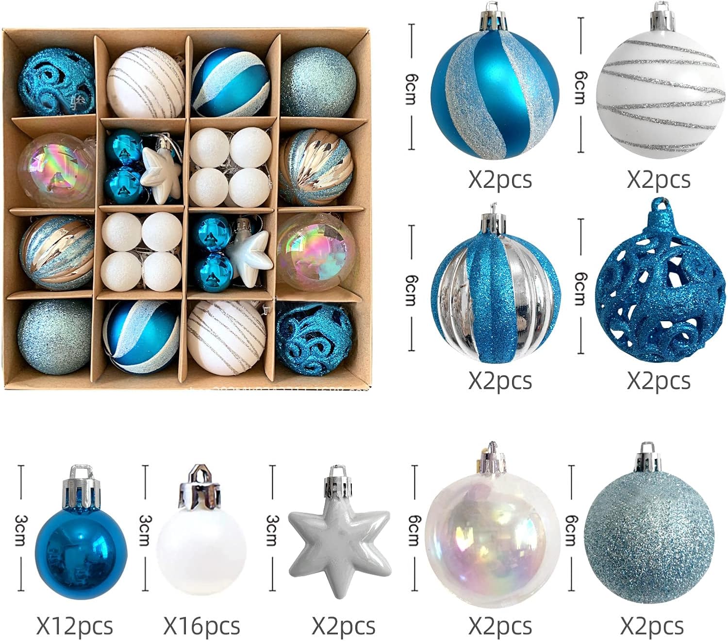 Christmas Tree Baubles Decoration Blue & White 44ct 6cm Xmas Tree Baubles Decoration Ball Ornaments Hanging Baubles Shatterproof Glitter Decoration Pendant for Holiday Home Party Decor - Image 4