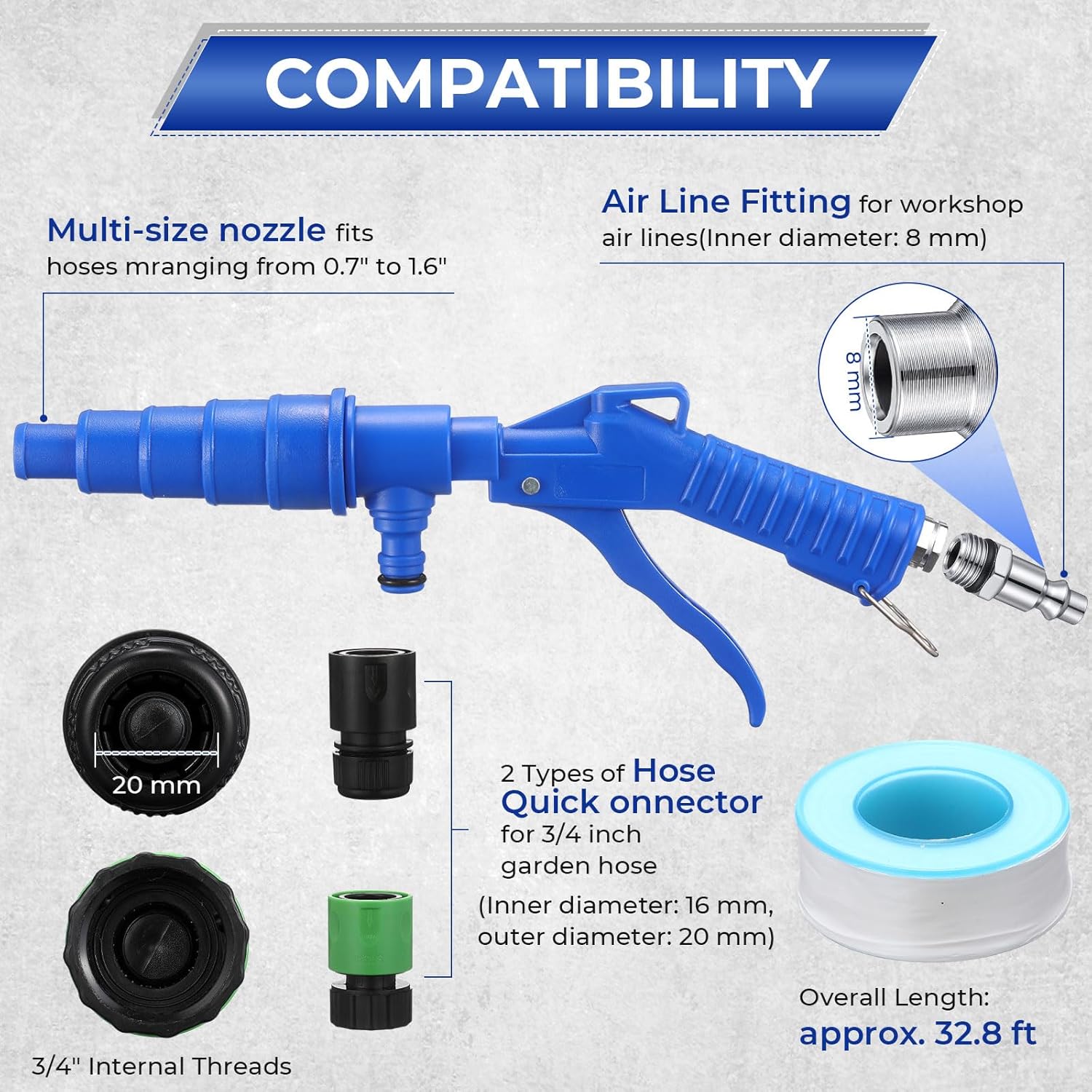Coolant System Flush Gun, Lever Action Heater Core Flush Kit, Radiator/Cooling System Flusher, Air and Water Combo Flushing Set with Nozzles for 19-40 mm Hoses (Blue)