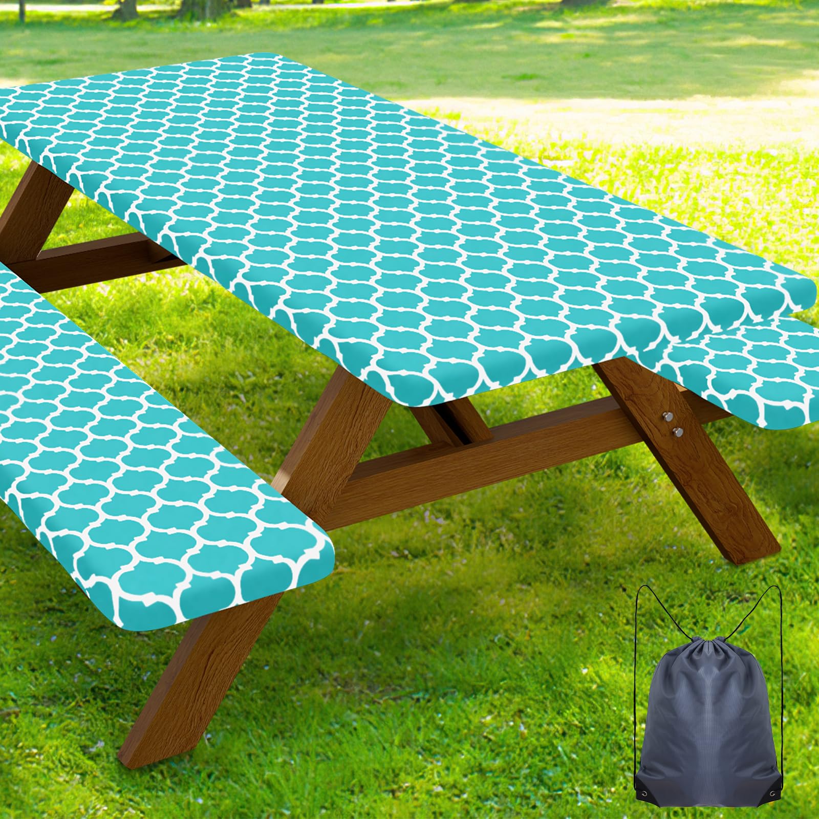 Smiry Picnic Table Cover with Bench Covers, Waterproof Elastic Fitted Tablecloth for 5 Foot Tables, Washable Polyester Tablecloths for Camping, Indoor &amp; Outdoor (Teal, 30x60 Inch 3-pc Set)
