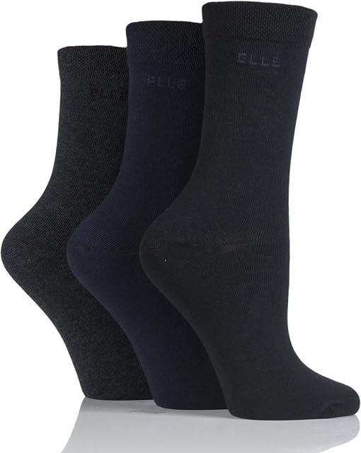 Elle Ladies Plain, Striped and Patterned Cotton Socks with Hand Linked Toes Pack of 3