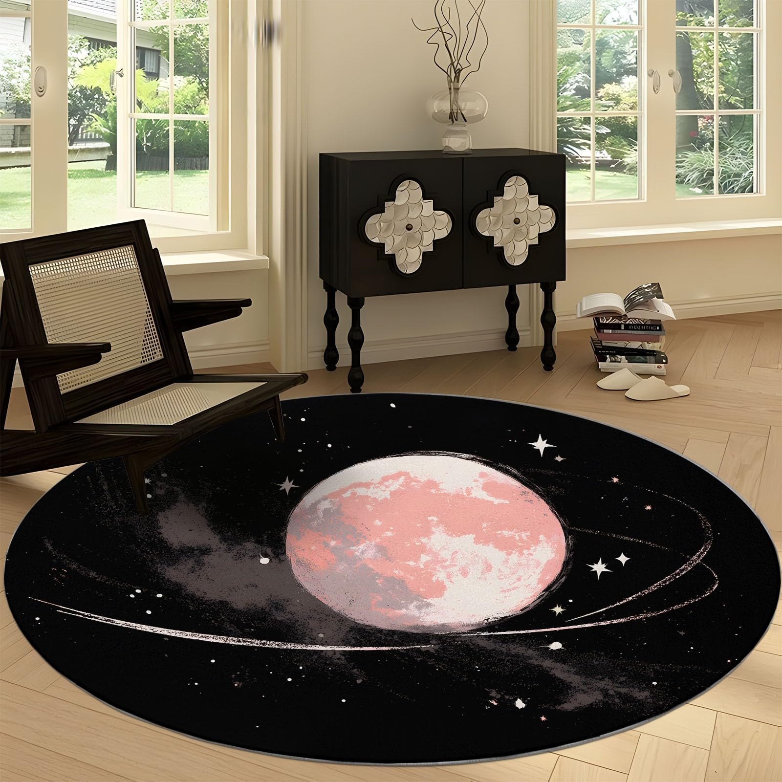 Générique Tapis Rond Doux Lune Étoiles Rayures à Poils Courts 120 cm, Antidérapant Absorbant Tapis d’Intérieur Style Onirique pour Chambre Salon Entrée Chambre d’Enfant Garçons et Filles
