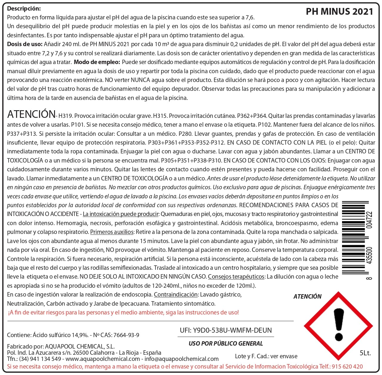 Pack 2 UDS Minorador de pH para Piscinas Compatible Poliester/Liner y electrólisis - PH Minus 10 L (2x5 litros) - Reduce el pH del Agua – Formato Líquido