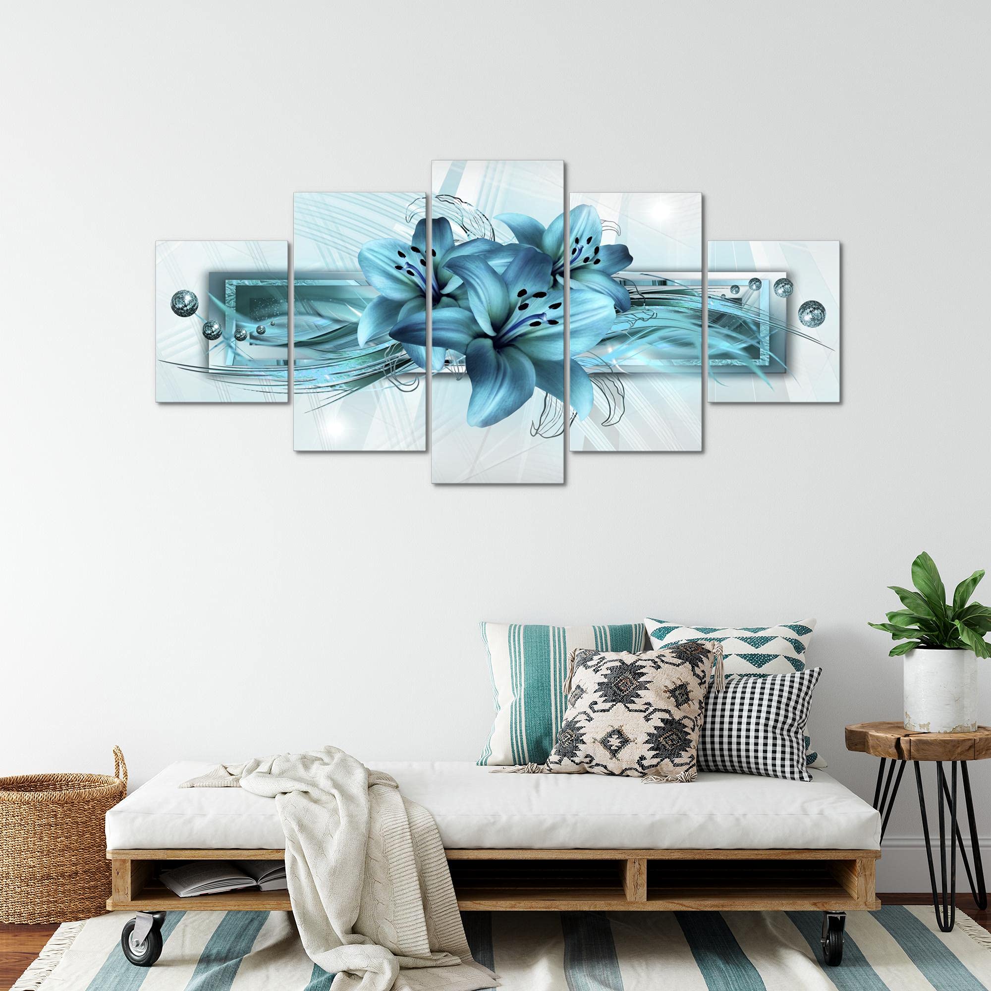Runa Art - Tableau Lis Fleurs 200 x 100 cm 5 Parties XXL Decoration Murale Dessin Turquoise 008751a