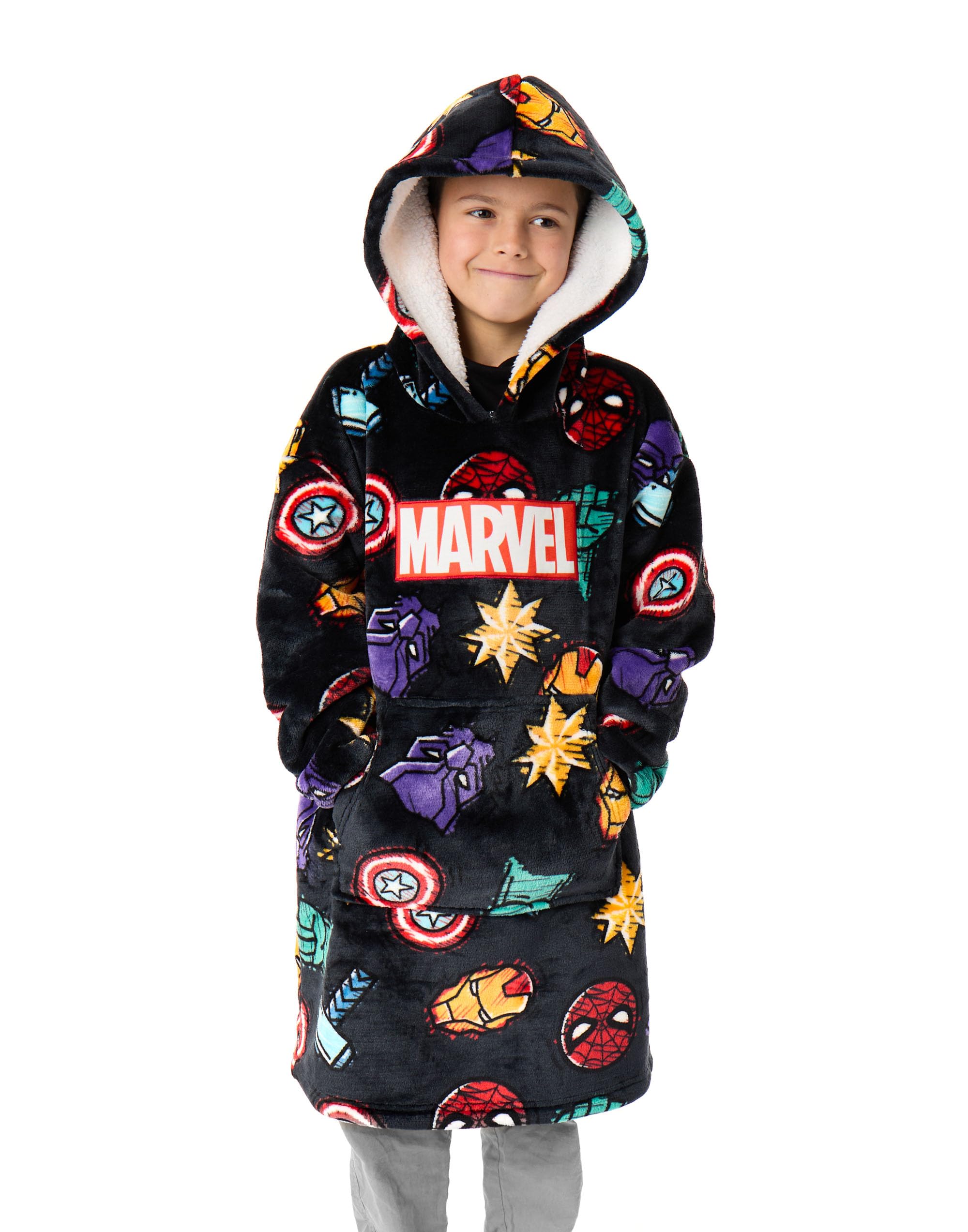 Marvel Boys Wearable Blanket Hoodie | Kids Hooded Sherpa Fleece Pullover in Dark Grey with Super Hero Icons All Over Print