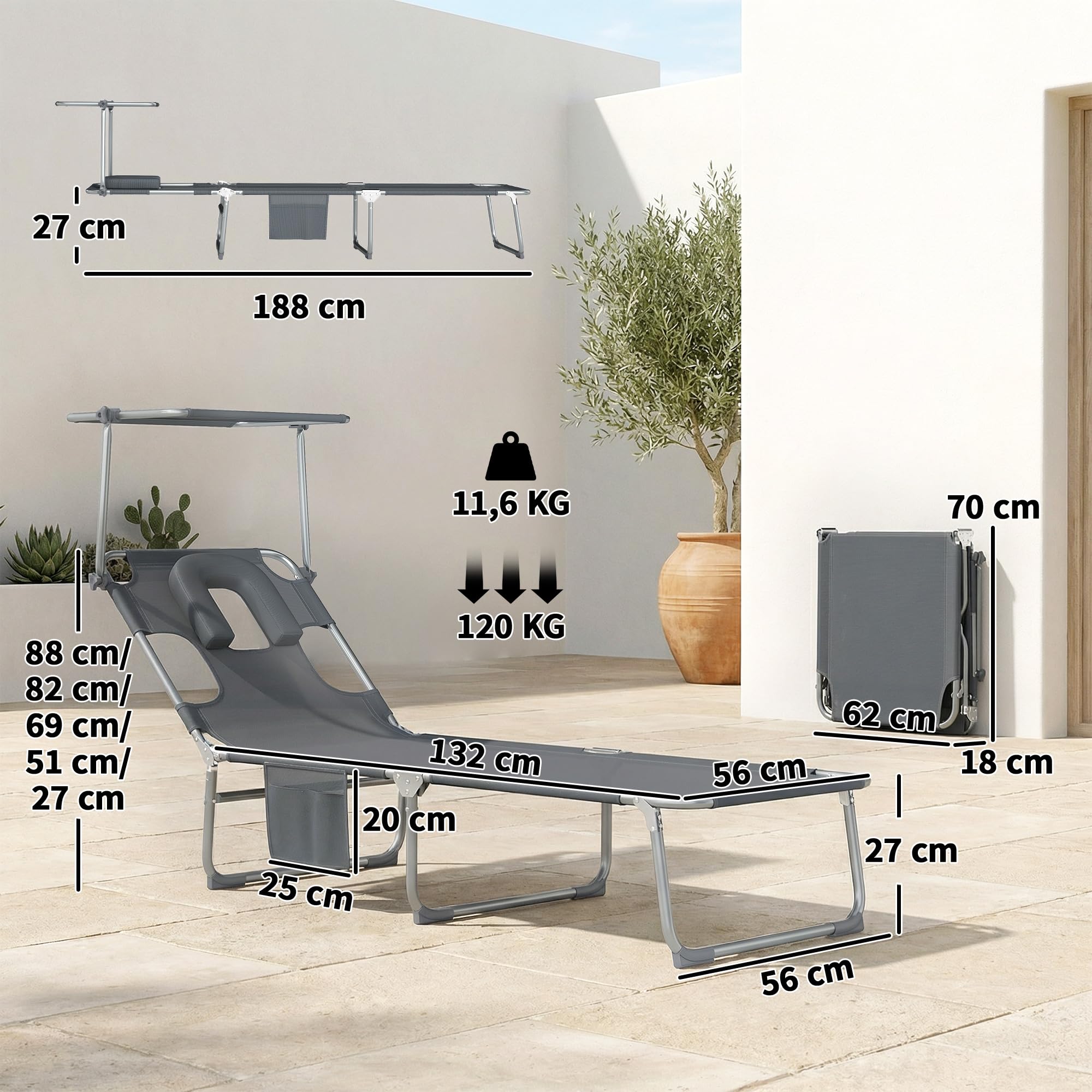 Outsunny Set de 2 Tumbonas Jardín Exterior, Tumbonas Plegables con Reposacabezas, Dosel 360°, Orificio Facial, Bolsillo Lateral, Respaldo Reclinable 5 Posiciones y Textilene 550 g/m² para Playa, Gris — view 3