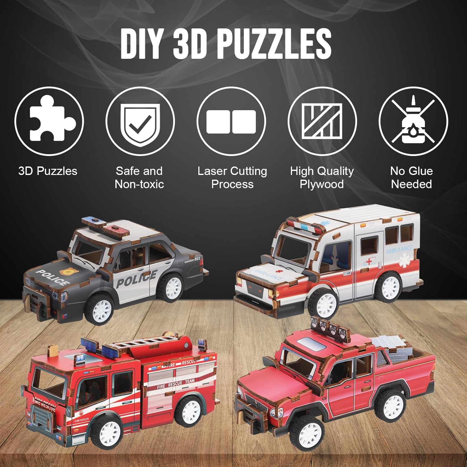 3D Wooden Puzzle Car Kits - Creative Model Car Kits & STEM Kits for Kids, Fun Educational Building Toys for Kids Ages 4-12, for Young Builders & Engineers (4 Pack)