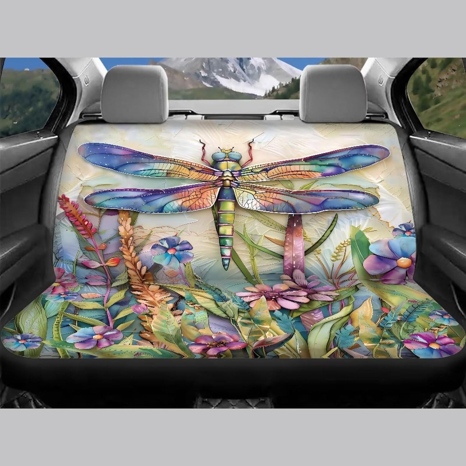 4 Pcs Dragonfly Flower Printed Car Front Rear Seat Cover, Breathable Car Seat Cover Full Set of 4, Anti-Slip Vehicle Seat Protector for Most Cars Truck Van Sedan SUV, Automotive Interior Accessories