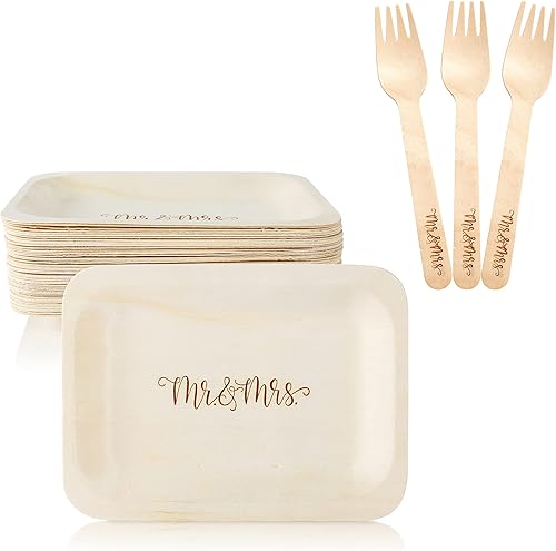 Platos y tenedores de madera desechables Mr. and Mrs