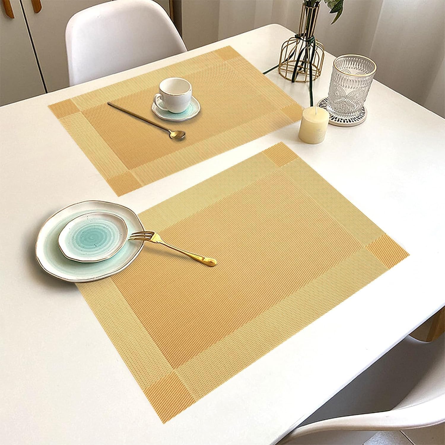 KONSSE Placemats Dining Table Place Mats | Placemats Table Mat PVC Material | Non-Slip Heat Resistant | Dining Tablemates Washable Anti-Skid | Size 45 x 30cm (6 PCS Square Gold) — Amazon image 7