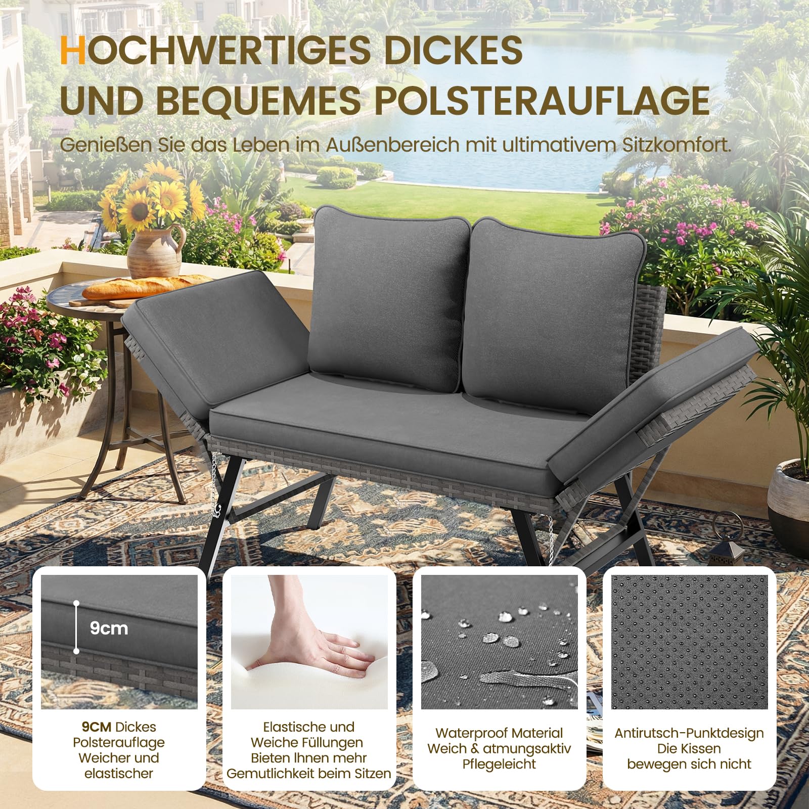 UDPATIO Polyrattan Gartenbank Wetterfest mit Liegefunktion Balkonsofa 3 in 1 Verstellfunktion mit Extra Dicke Sitzpolstern & Kissen für Garten, Balkon,Terrasse - Grau-meliert & Grau Bezüge
