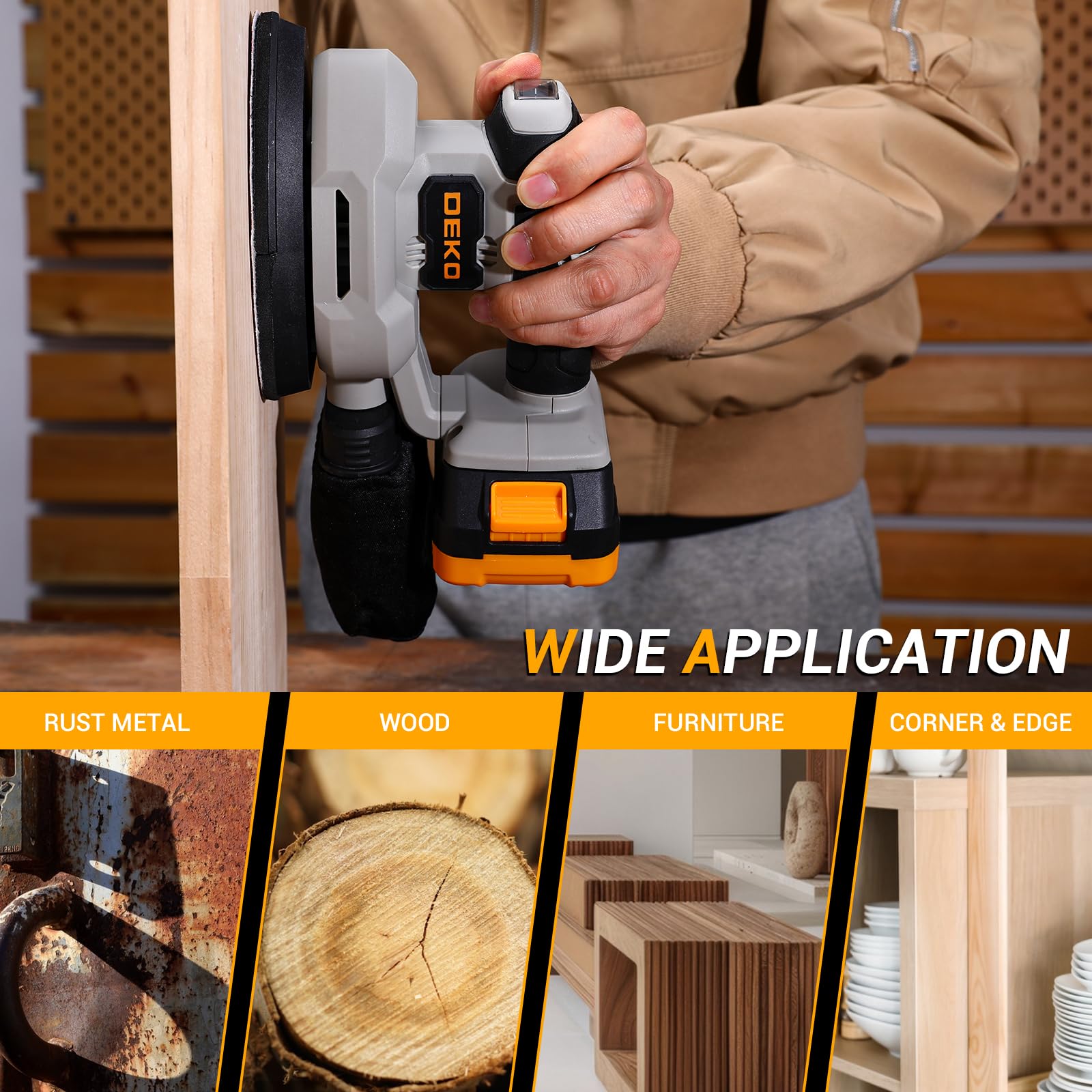Levigatrice Mouse per Legno: DEKOPRO 20V Multifunzione Levigatrice Palmare con Batteria 13000 RPM, 3 Accessori Aggiuntivi 12PCS Carte Vetrata - per Levigare Lucidare e Rimuovere in Falegnameria e DIY