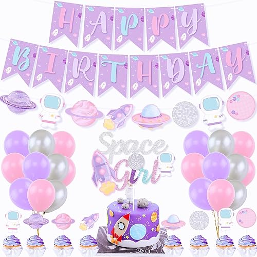Decoración de cumpleaños para niñas disco del espacio exterior, cartel de fiesta de feliz cumpleaños, globo para decoración de pastel para galaxia,