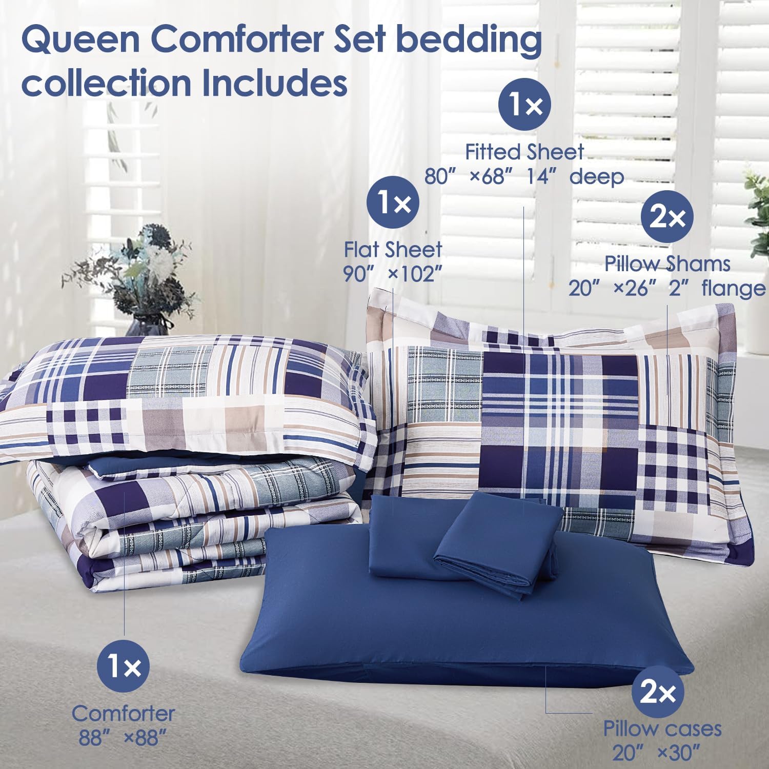Comforter Set Queen Size Plaid Patchwork Comforter Bedding-7 Piece Bed in a Bag,Soft Fluffy Reversible Microfiber Bedding Set(1 Comforter,1 Flat Sheet,1 Fitted Sheet,2 Pillowcases,2 Pillow Shams),Navy - Image 7