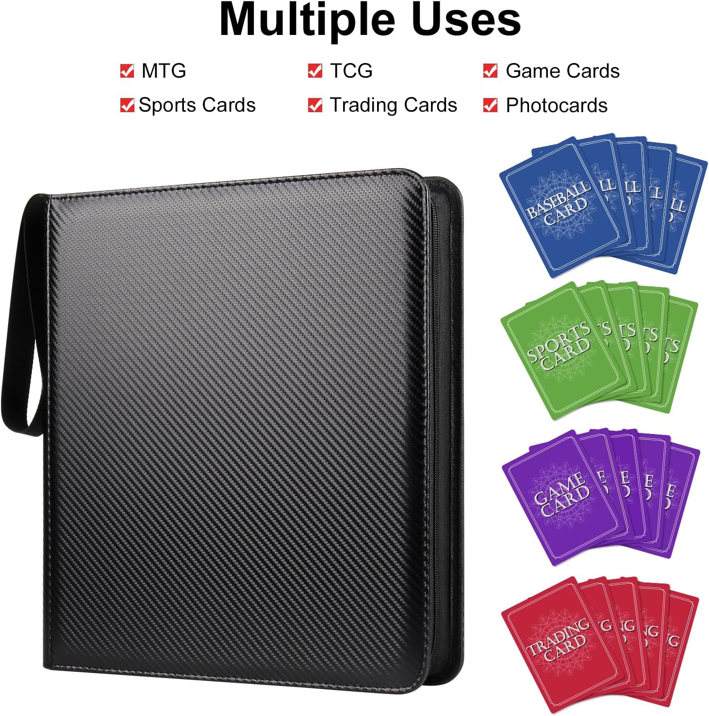GEAoffice 12 Pocket Card Binder for 720 Cards, Premium PU Zipper Trading Card Collection Binder, Side Loading Card Album Folder for YuGiOh, MTG, TCG, Game & Sports, Non-PVC, Carbon Black
