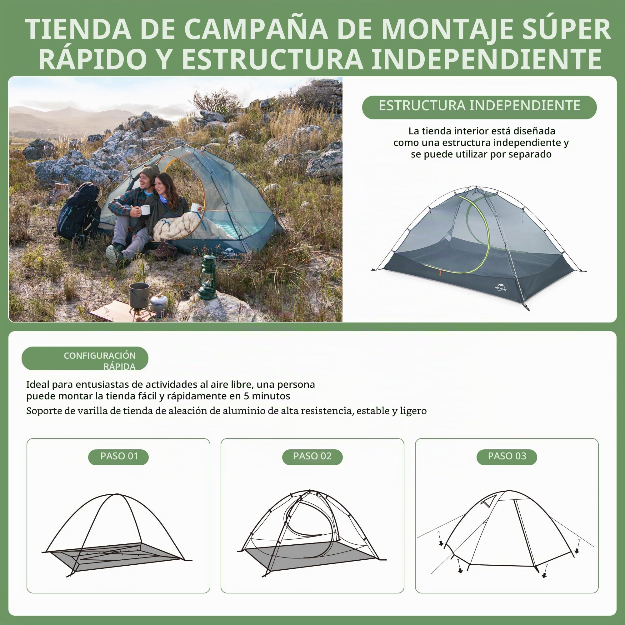 Naturehike Ultraligera de Silicona Carpa para Acampar para 2 Personas Impermeable para Senderismo y Pesca 3-4 Estaciones (Verde)