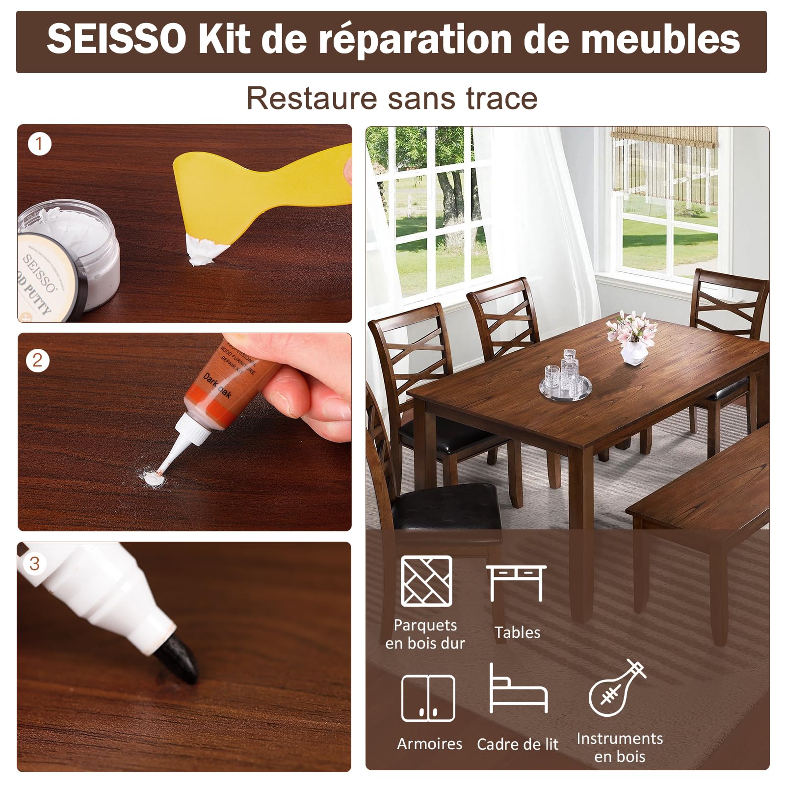 SEISSO Kit de réparation pour stratifié, Mastic pour bois, Kit de réparation pour parquet en bois, Kit de réparation pour meubles pour éraflures, fissures, taches, trous, couleurs passées, etc