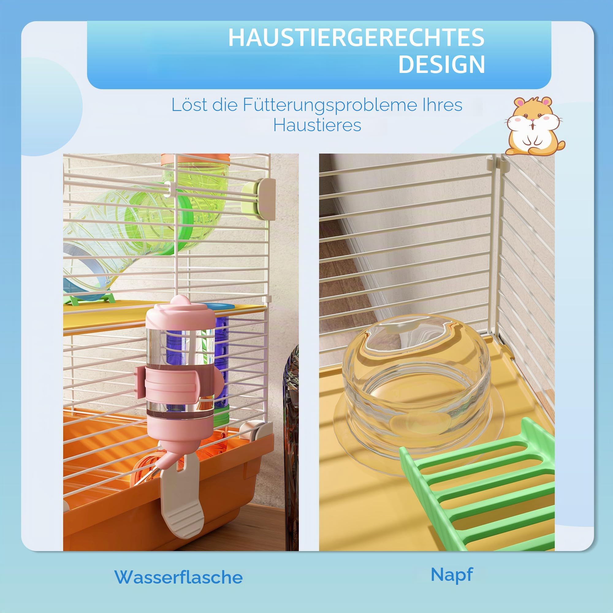 PawHut Käfig für Hamster, Nagetiere, 4 Etagen, mit Tunneln, Futternapf, Laufrad, Haus, Leitern, Maße: 46L x 30B x 58H cm, Orange