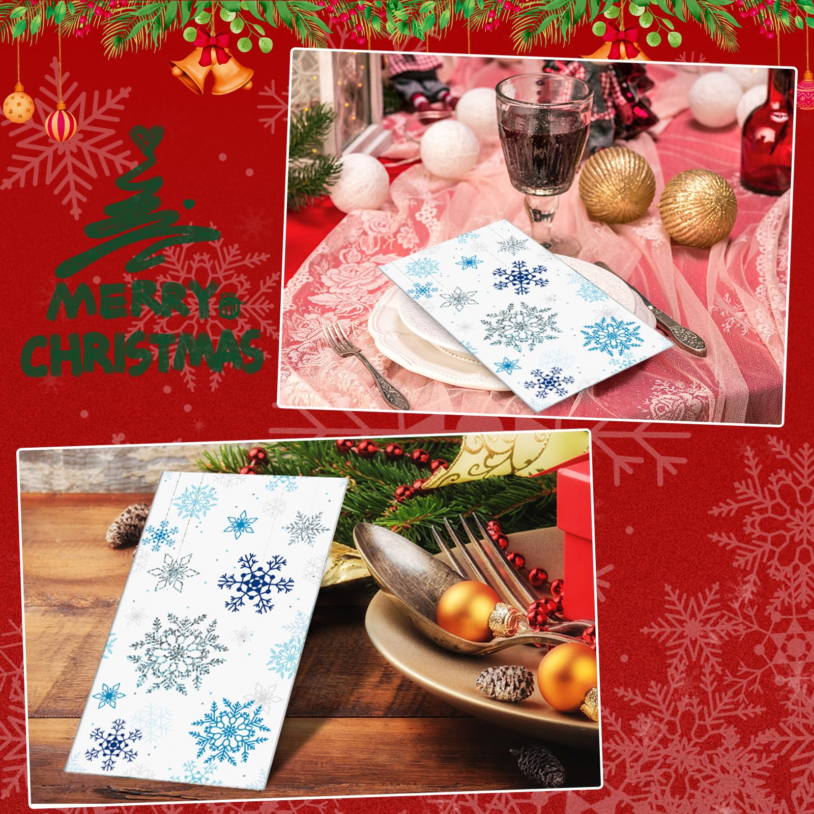 PerKoop 200 servilletas de papel de Navidad, servilletas de copo de nieve, con temática de nieve, toalla de mano desechable, servilletas decorativas para cena, servilletas de invitados para Navidad