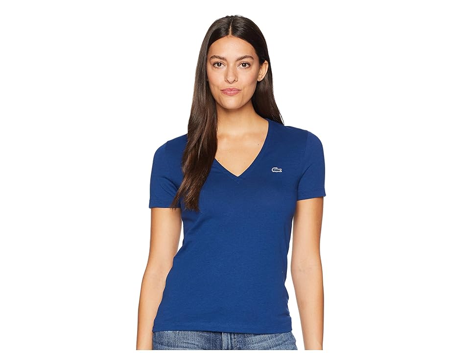 

Lacoste Short Sleeve Solid V-Neck Jersey Tee (Inkwell Blue) Women's T Shirt