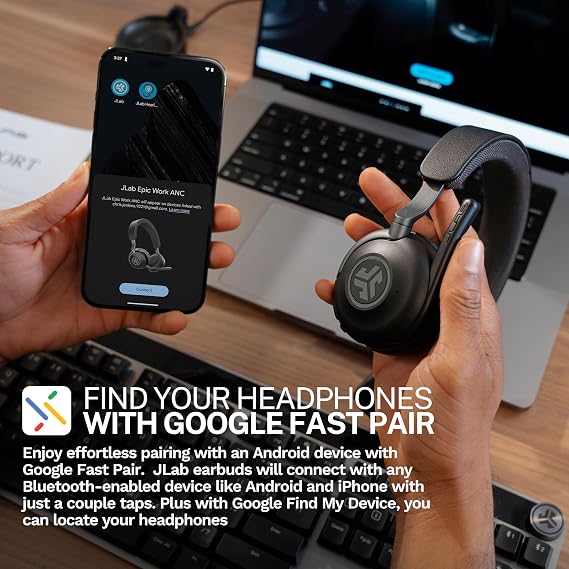 JLab Epic Work ANC Wireless on-Ear Headset with Microphone, smart Noise Cancellation, multipoint Connect, Charging hub, Black