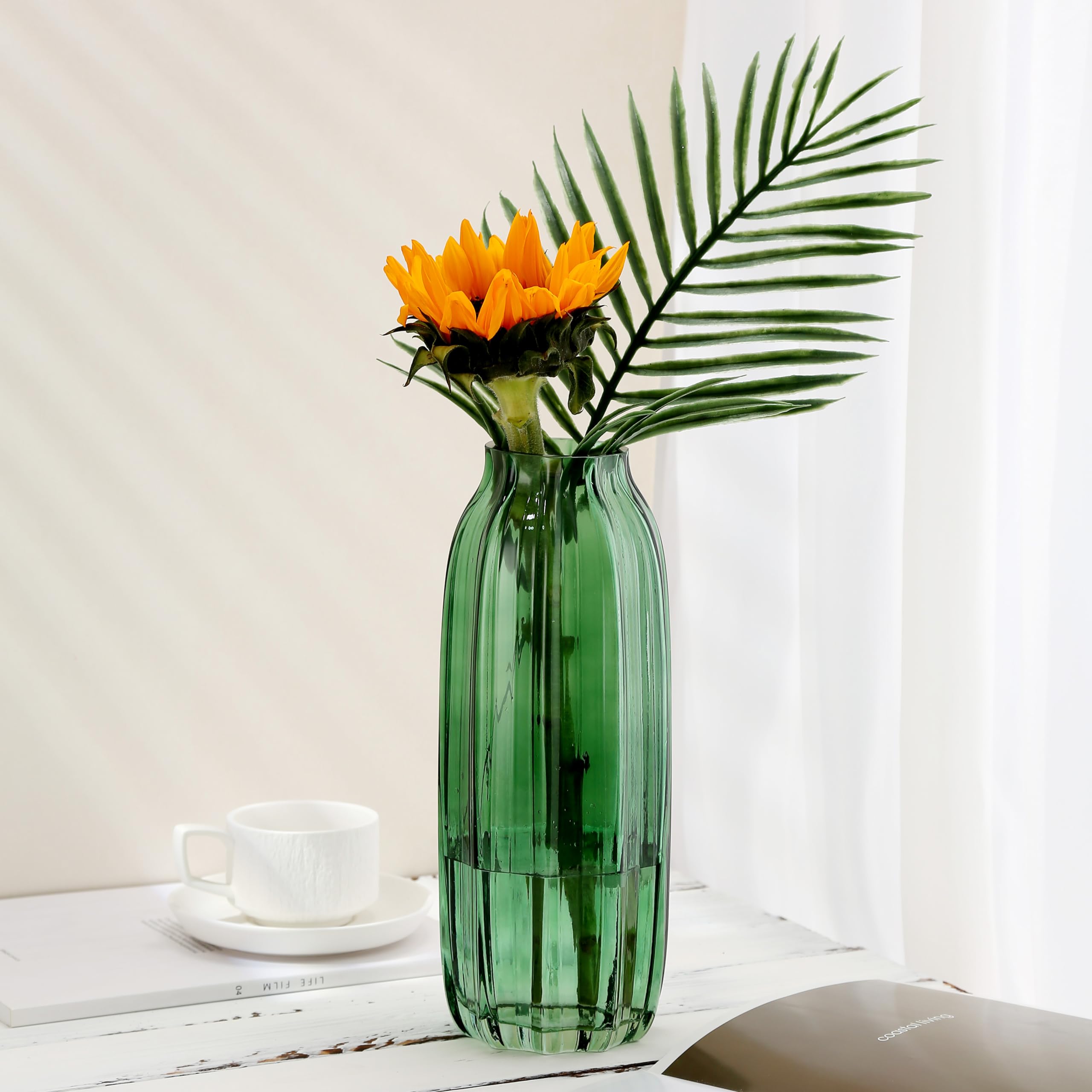 JAKY Global Large Green Glass Flower Vase H-32cm Tall Glass Vases for Flowers Elegant Home Living Room Decor,Table Centerpiece for Farmhouse and Office(Green 32cm) - Image 3