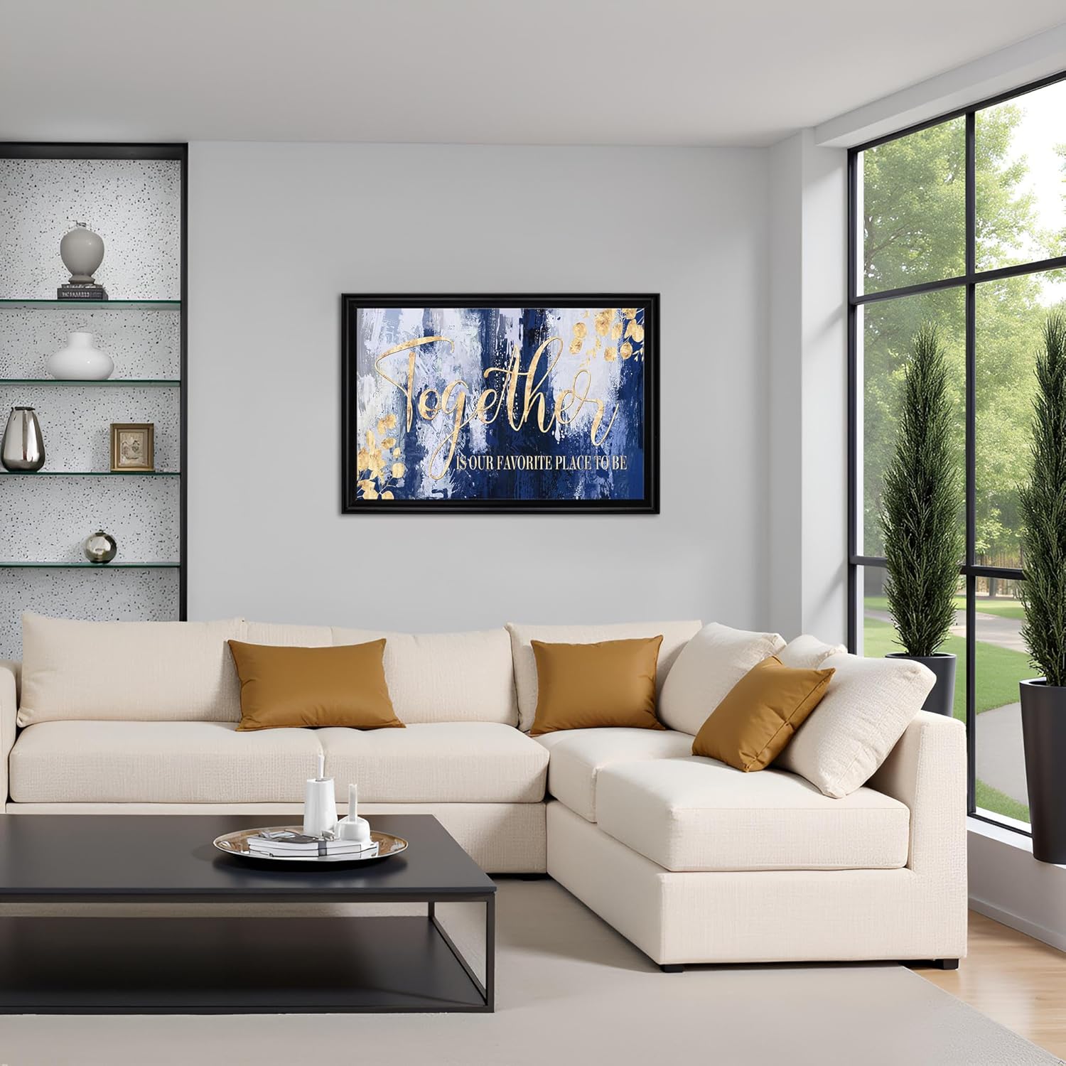 sechars Together Is Our Favorite Place Wall Art Navy Blue and Gold Kitchen Decor Black Frame Inspirational Home Decorations Artwork