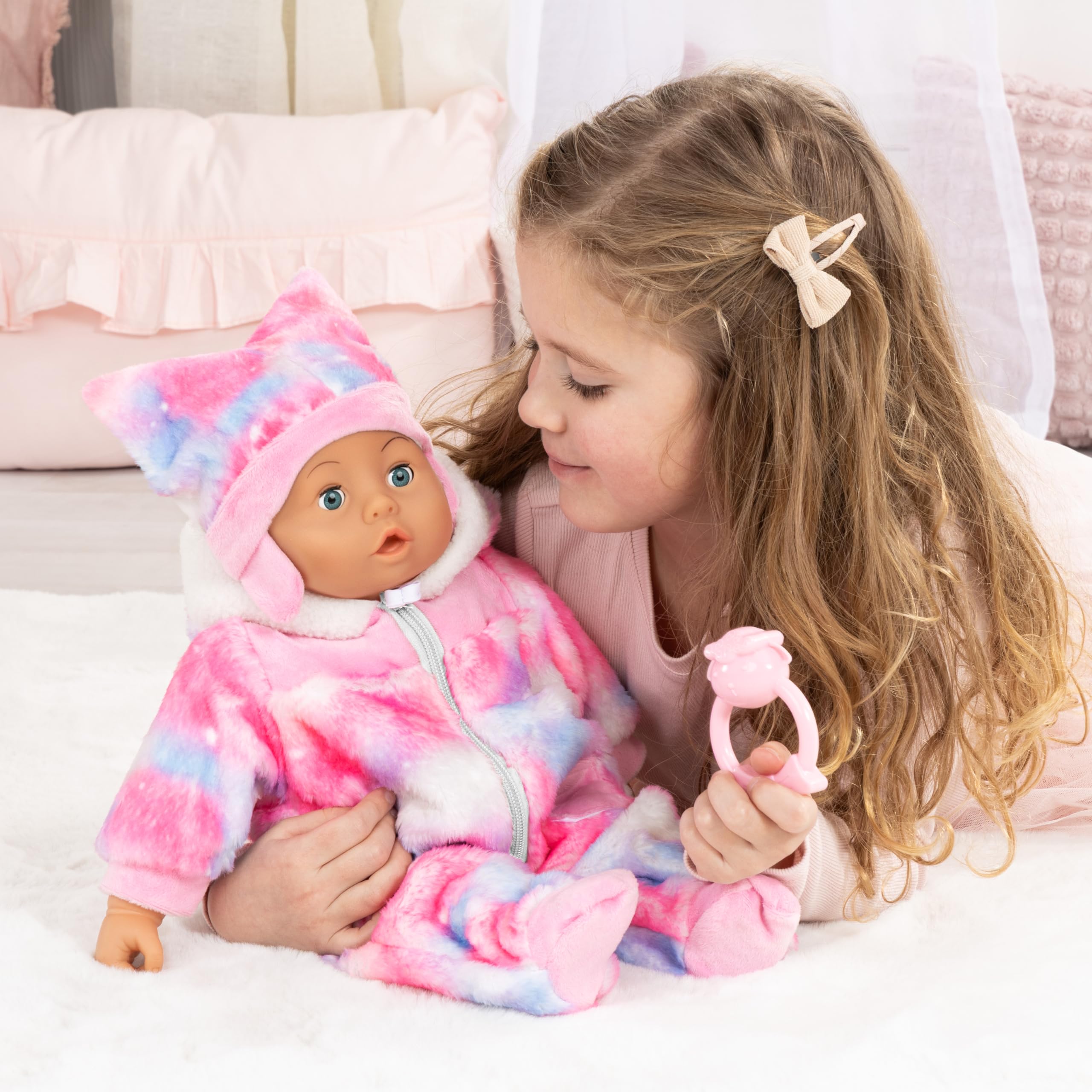 Bayer Design Bambolina Babypuppe interaktiv, Spielpuppe sprechend | 24 Babylaute, Schlafaugen, weicher Körper, 46 cm, mit viel Zubehör