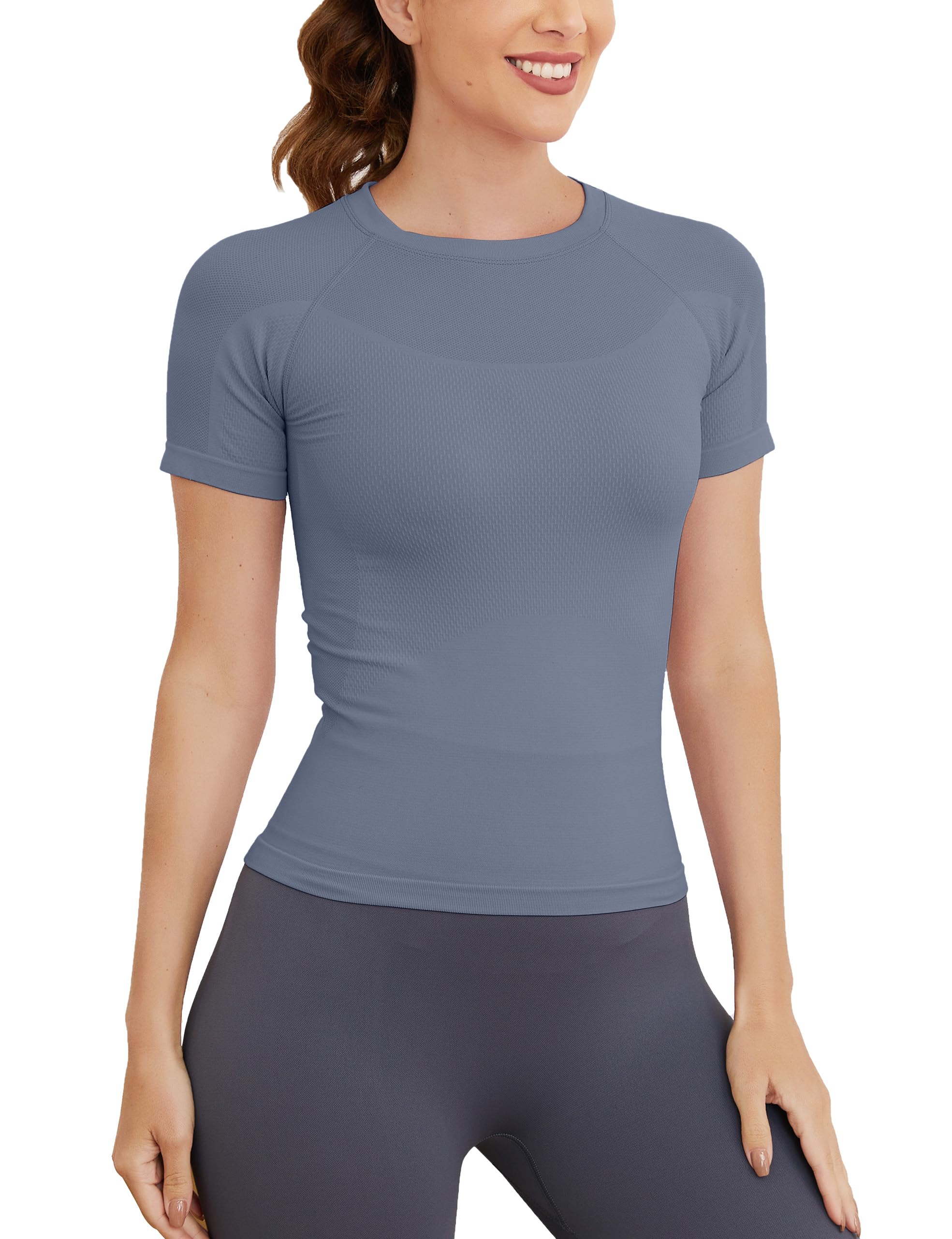 MathCat Workout Shirts for Women, Workout Tops for Women Short Sleeve, Seamless Yoga Shirts, Breathable Athletic Gym Tops Slim Fit Grey Blue