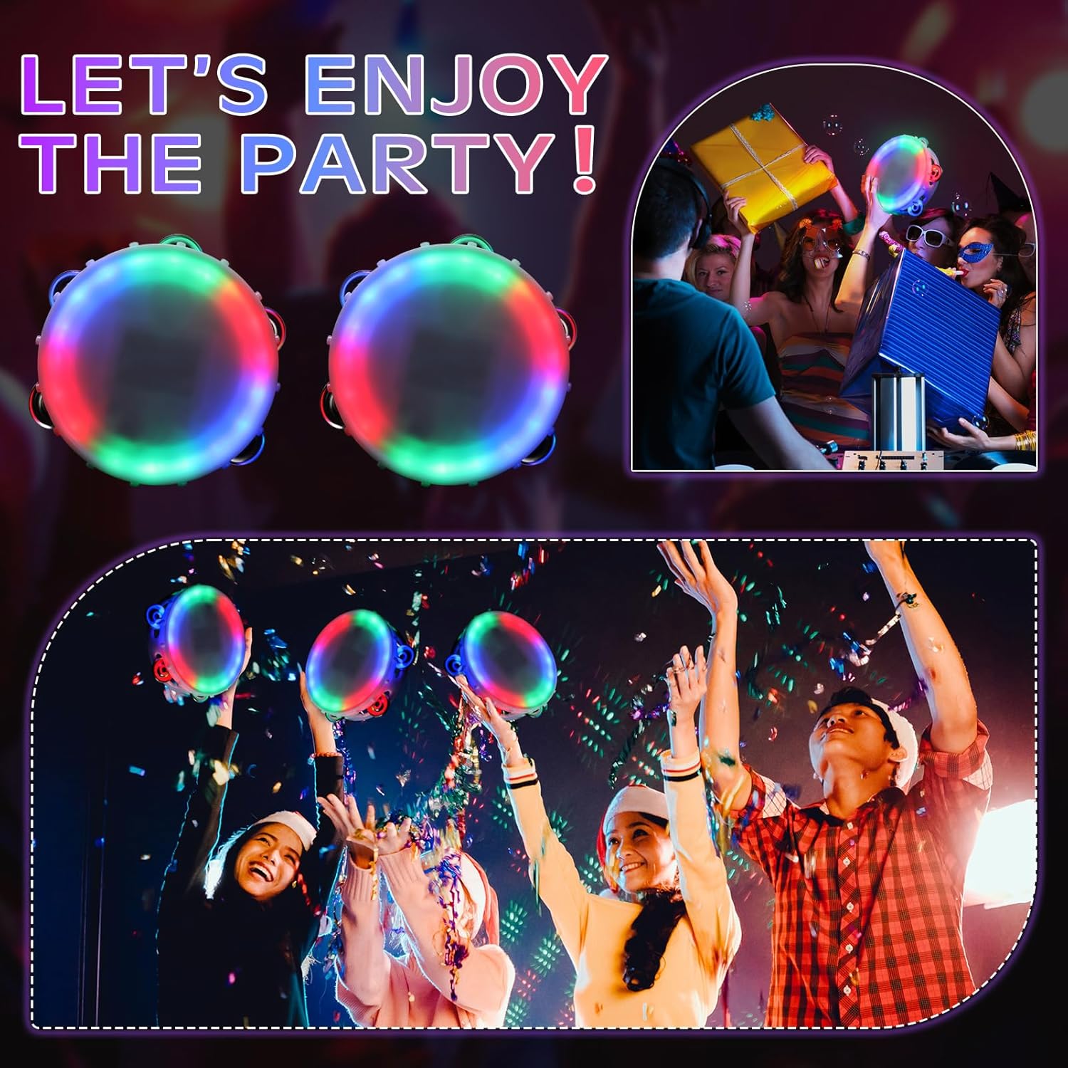 10 Pack Tambourines for Adults - Light up Tambourines LED Multicolored Glow in The Dark Musical Party Favors for Adult Weddings Concerts, White Plastic
