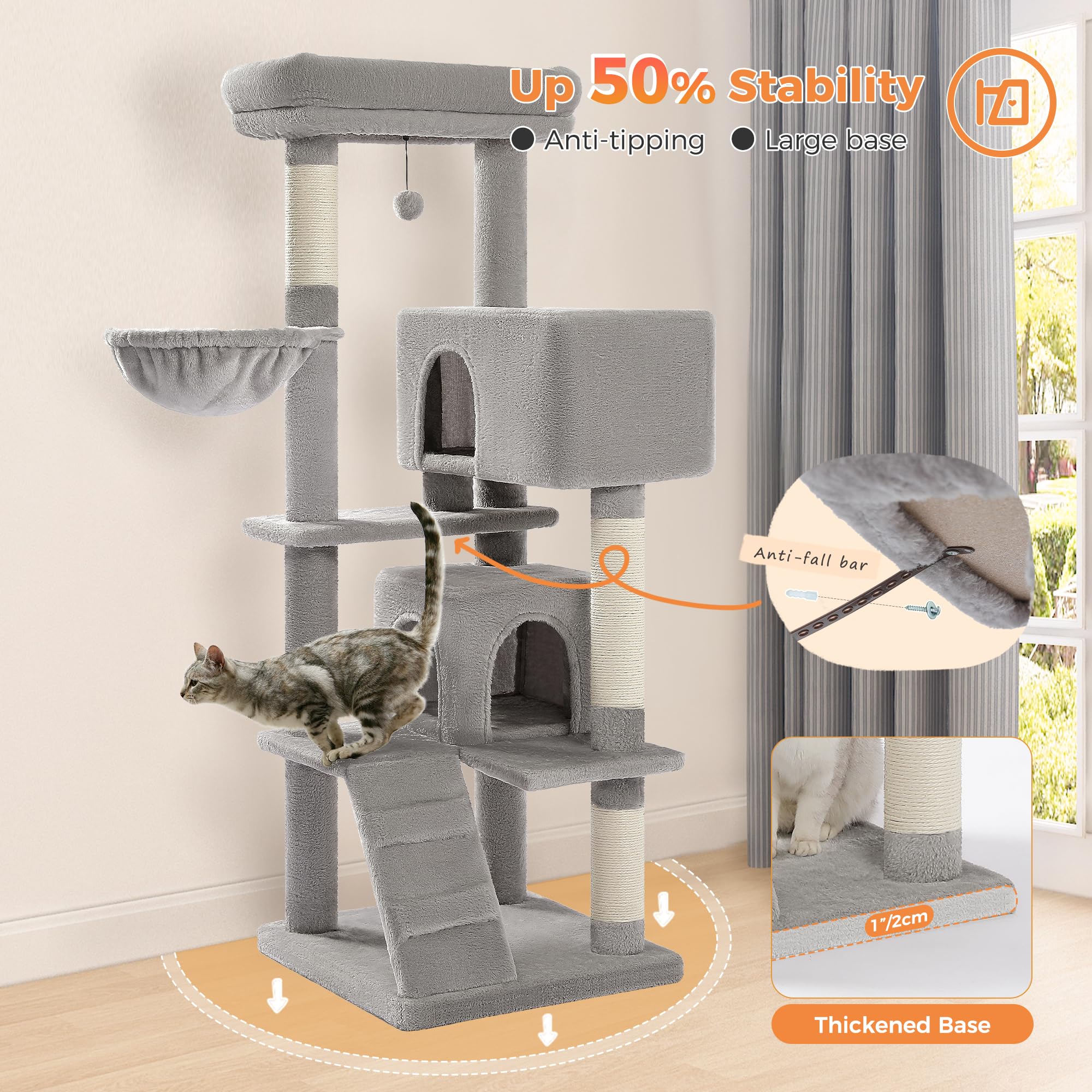 PETEPELA Tiragraffi da 143 cm, con cuscino rimovibile, palo per tiragraffi, cuccia doppia, extra grande per gatti pesanti, grigio