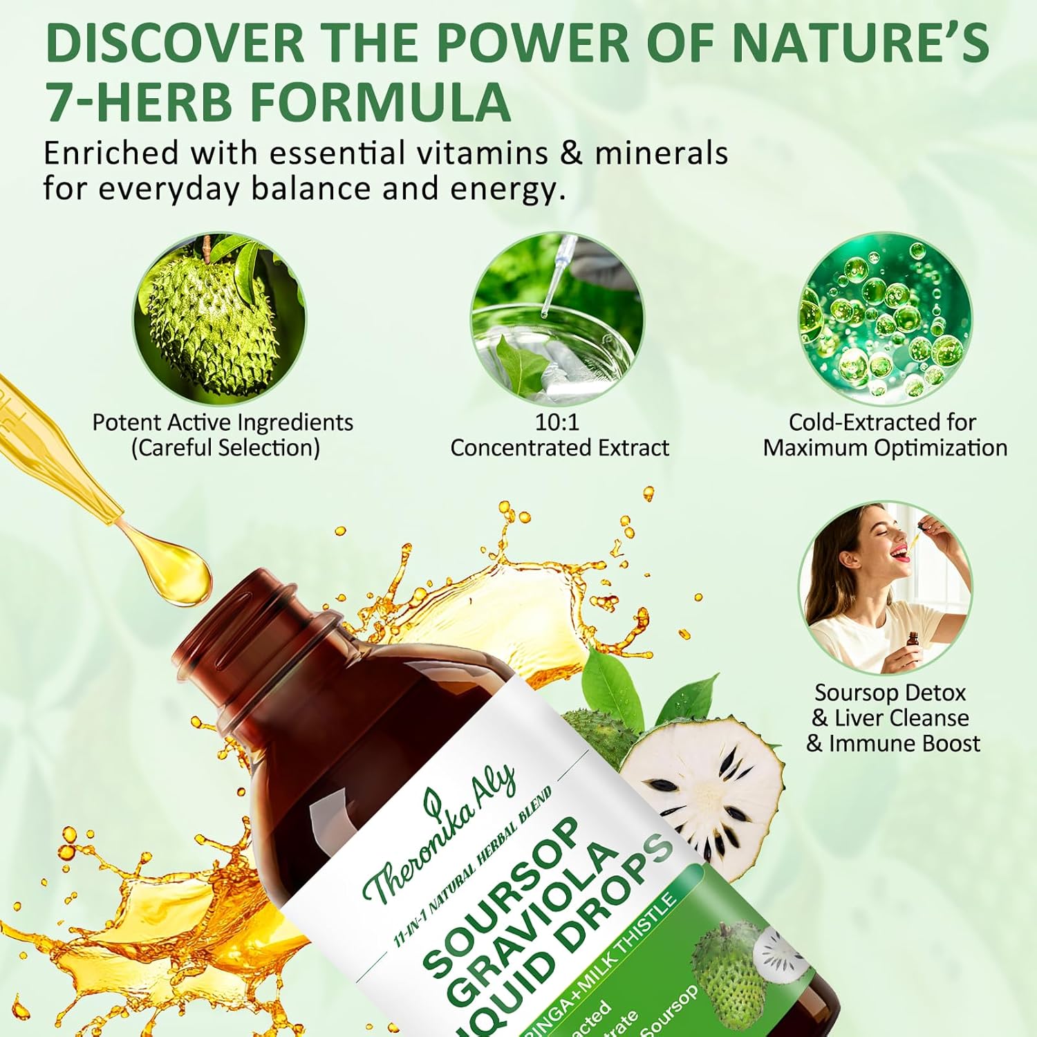 Soursop Bitters Liquid Drops 11-in-1 Herbal Blend with Soursop Extract, Sea Moss, Moringa, Turmeric, Black Cumin & Milk Thistle, Soursop Drops for Daily Wellness, 2 Fl Oz